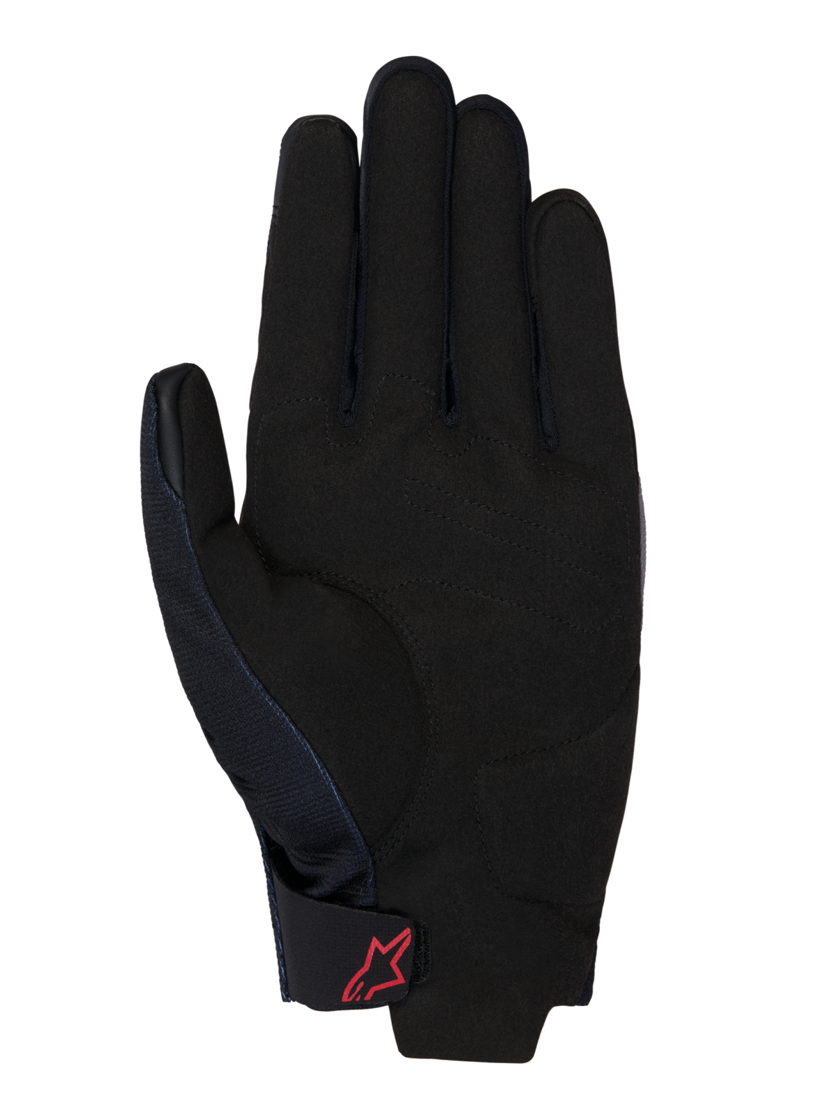 Rękawice Honda Reef V2, widok od strony dłoni, czarny syntetyczny zamsz z wyściełanym wzmocnieniem, czerwone logo Alpinestars na pasku z rzepem na nadgarstku, krótki mankiet do jazdy motocyklowej