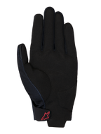 Rękawice Honda Reef V2, widok od strony dłoni, czarny syntetyczny zamsz z wyściełanym wzmocnieniem, czerwone logo Alpinestars na pasku z rzepem na nadgarstku, krótki mankiet do jazdy motocyklowej