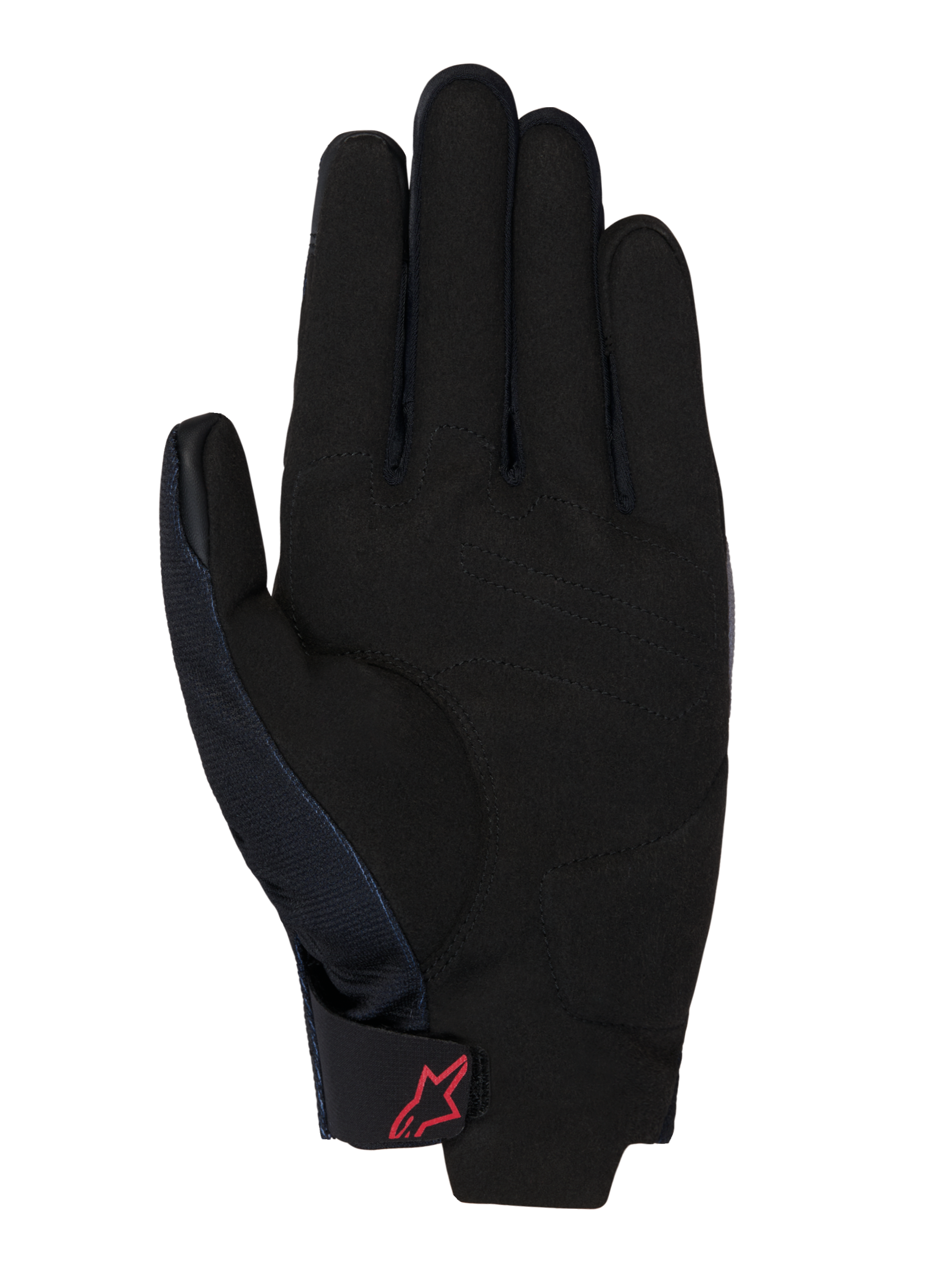 Rękawice Honda Reef V2, widok od strony dłoni, czarny syntetyczny zamsz z wyściełanym wzmocnieniem, czerwone logo Alpinestars na pasku z rzepem na nadgarstku, krótki mankiet do jazdy motocyklowej