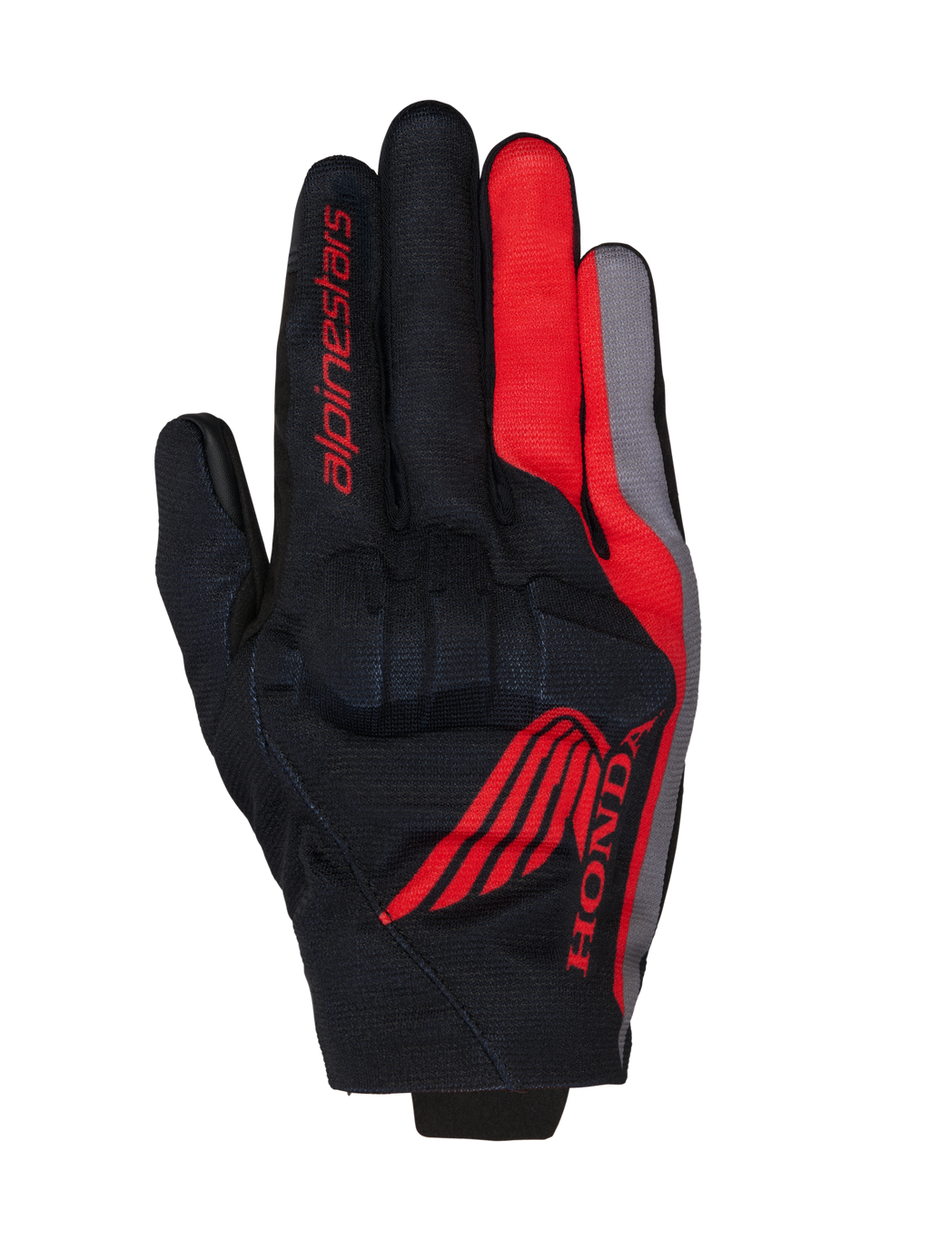 Rękawice Alpinestars Honda Reef V2, rękawice motocyklowe, czarne z jaskrawoczerwonymi i ciemnoszarymi akcentami, czerwone logo skrzydła Hondy i branding Alpinestars, oddychająca konstrukcja tekstylna ze zintegrowaną ochroną kostek, krótki mankiet