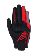 Rękawice Alpinestars Honda Reef V2, rękawice motocyklowe, czarne z jaskrawoczerwonymi i ciemnoszarymi akcentami, czerwone logo skrzydła Hondy i branding Alpinestars, oddychająca konstrukcja tekstylna ze zintegrowaną ochroną kostek, krótki mankiet