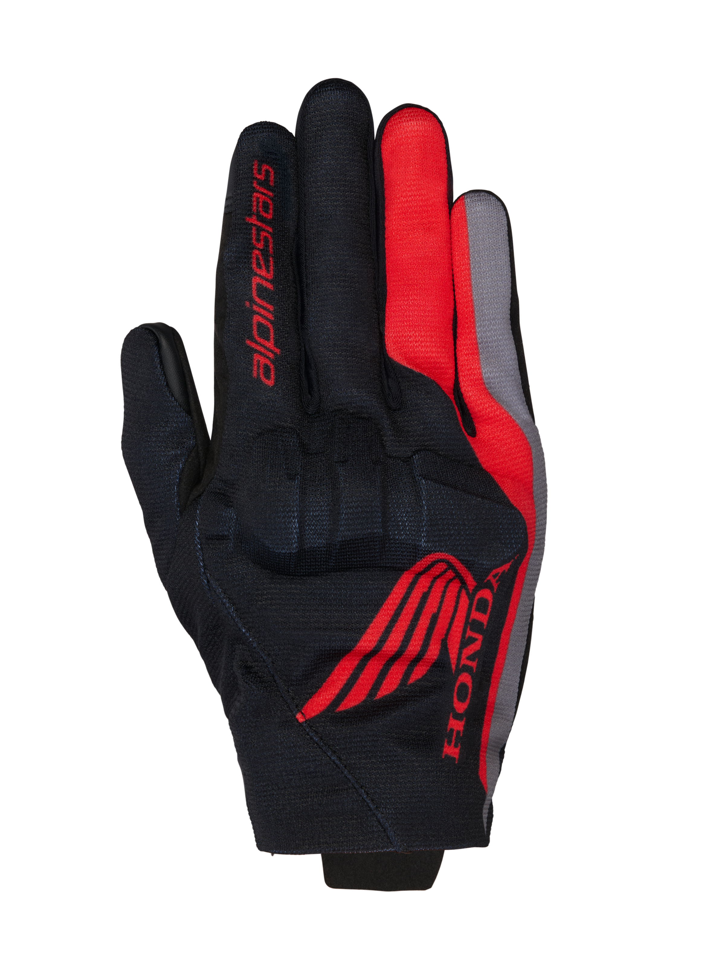Rękawice Alpinestars Honda Reef V2, rękawice motocyklowe, czarne z jaskrawoczerwonymi i ciemnoszarymi akcentami, czerwone logo skrzydła Hondy i branding Alpinestars, oddychająca konstrukcja tekstylna ze zintegrowaną ochroną kostek, krótki mankiet