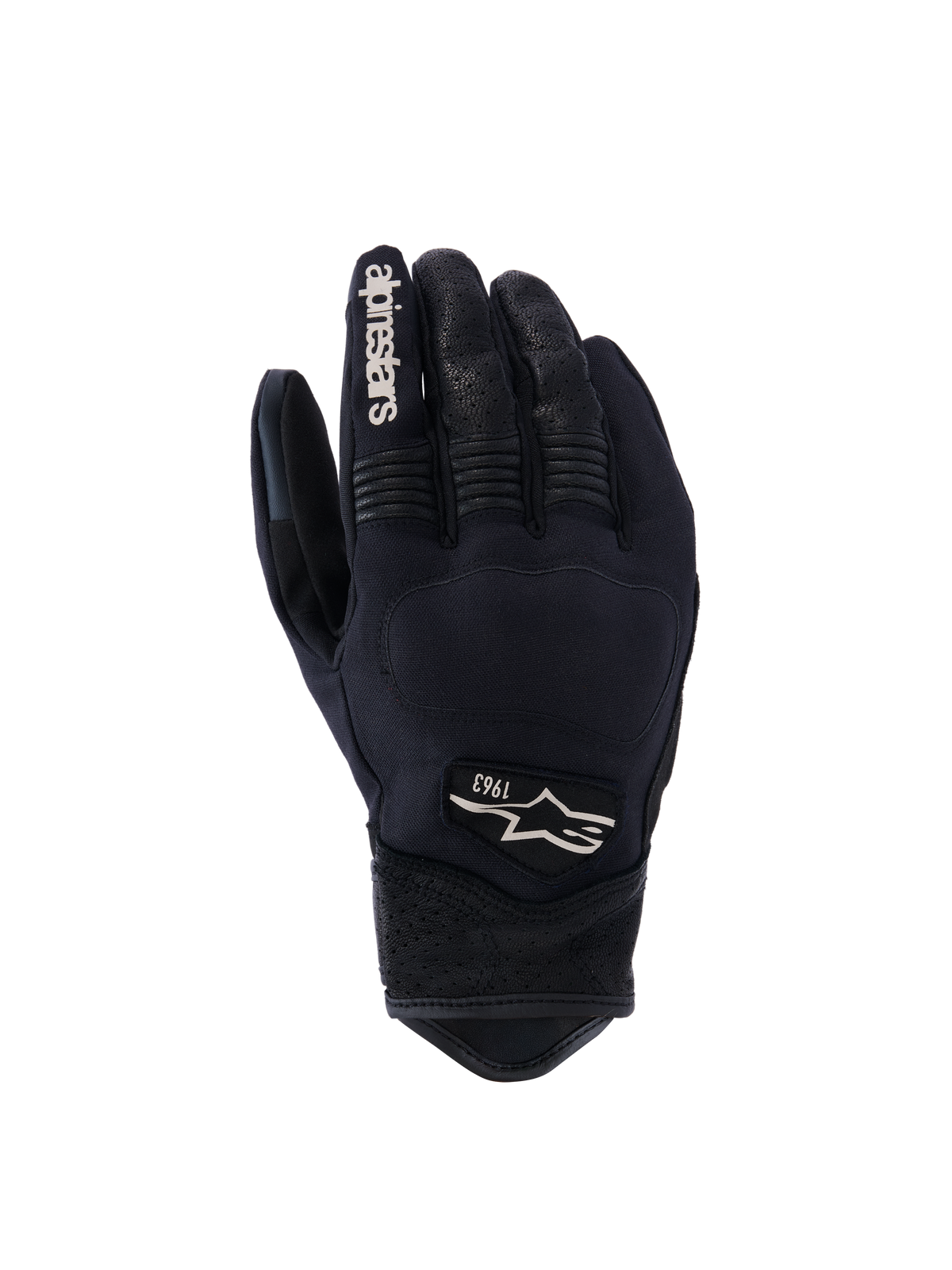 Alpinestars Tracker Gloves, Motorcycle Gloves, Black, backhand view showing stretch textile construction, perforated leather details on fingers and wrist, white branding on index finger, Alpinestars logo with 1963 on the back, padded knuckle area, short cuff urban design