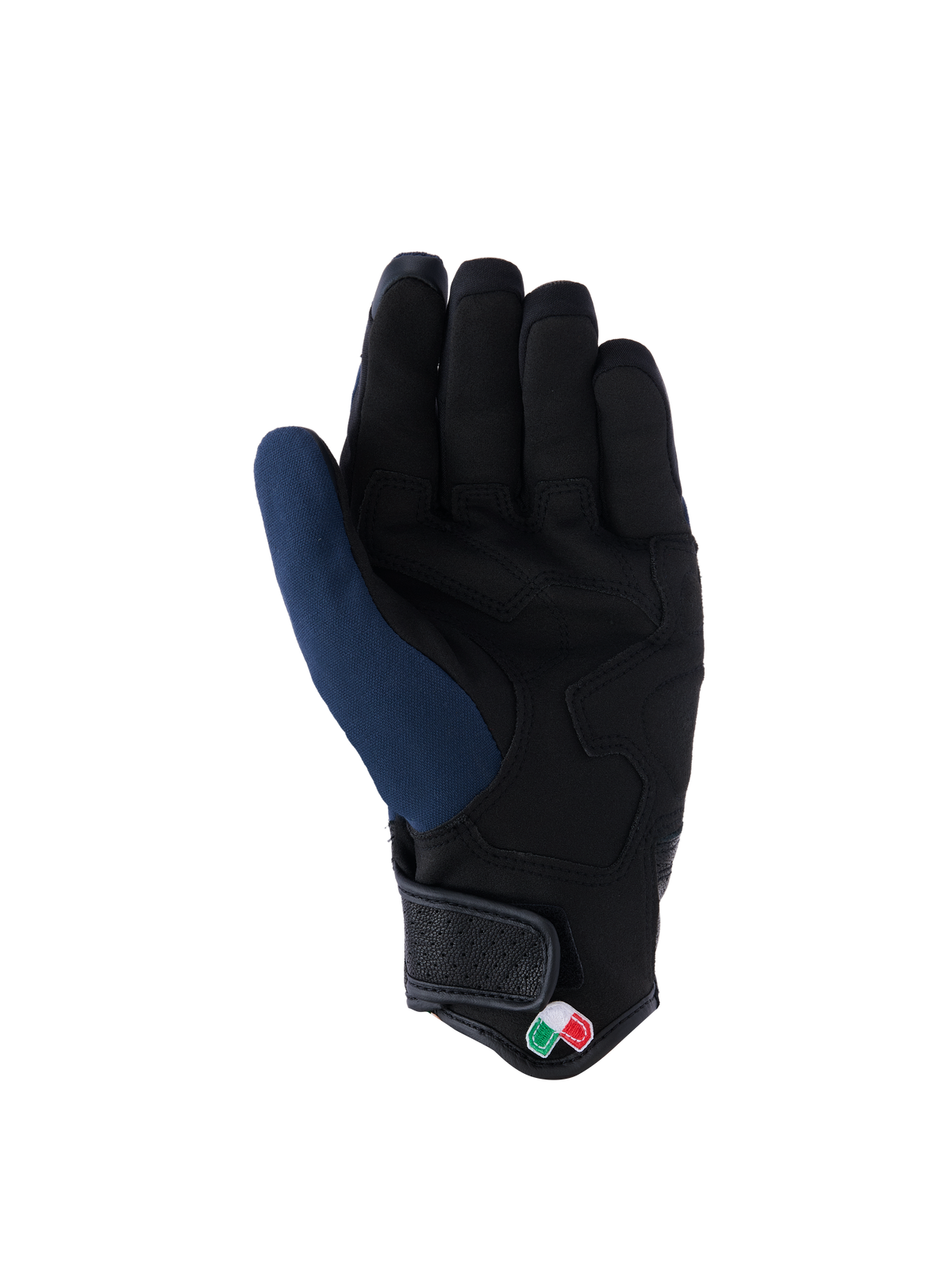 Rękawice Alpinestars Tracker, widok od strony dłoni, ciemnoniebieskie i czarne, wzmocniona dłoń z syntetycznego zamszu, krótki mankiet z zapięciem na rzep, mały detal z trójkolorowym logo, miejska odzież motocyklowa