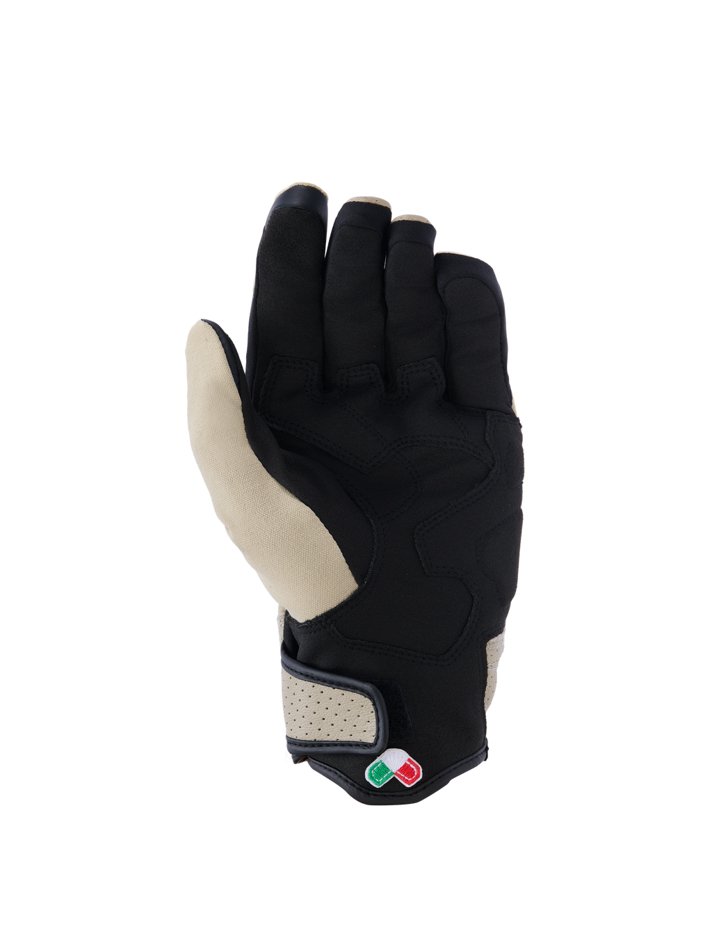 Alpinestars Tracker Gloves, miejskie rękawice motocyklowe, kolor aluminium i czarny, widok od strony dłoni przedstawiający konstrukcję z syntetycznego zamszu z wyściełanymi wzmocnieniami, perforowany skórzany mankiet i krótki mankiet