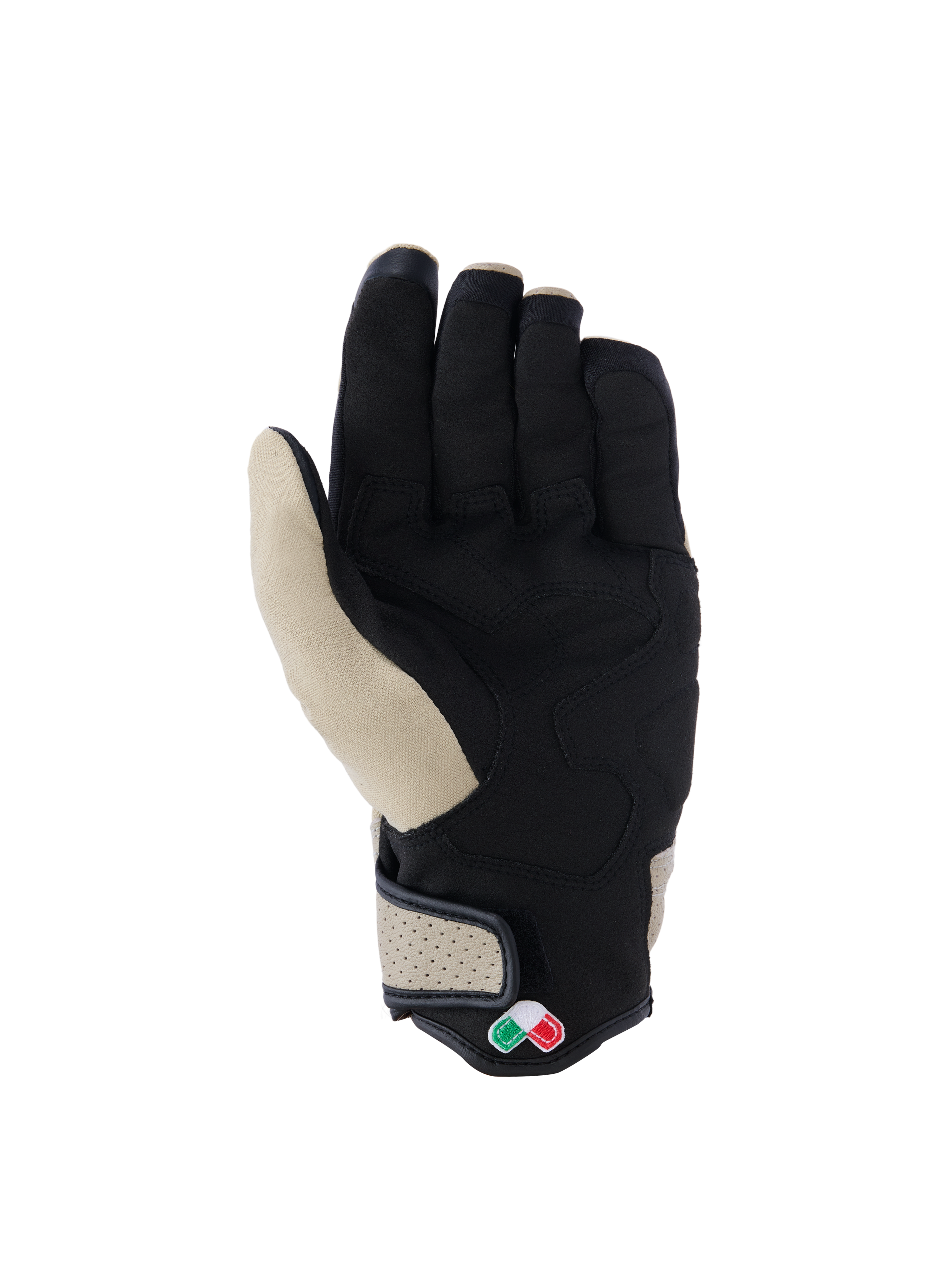 Alpinestars Tracker Gloves, miejskie rękawice motocyklowe, kolor aluminium i czarny, widok od strony dłoni przedstawiający konstrukcję z syntetycznego zamszu z wyściełanymi wzmocnieniami, perforowany skórzany mankiet i krótki mankiet