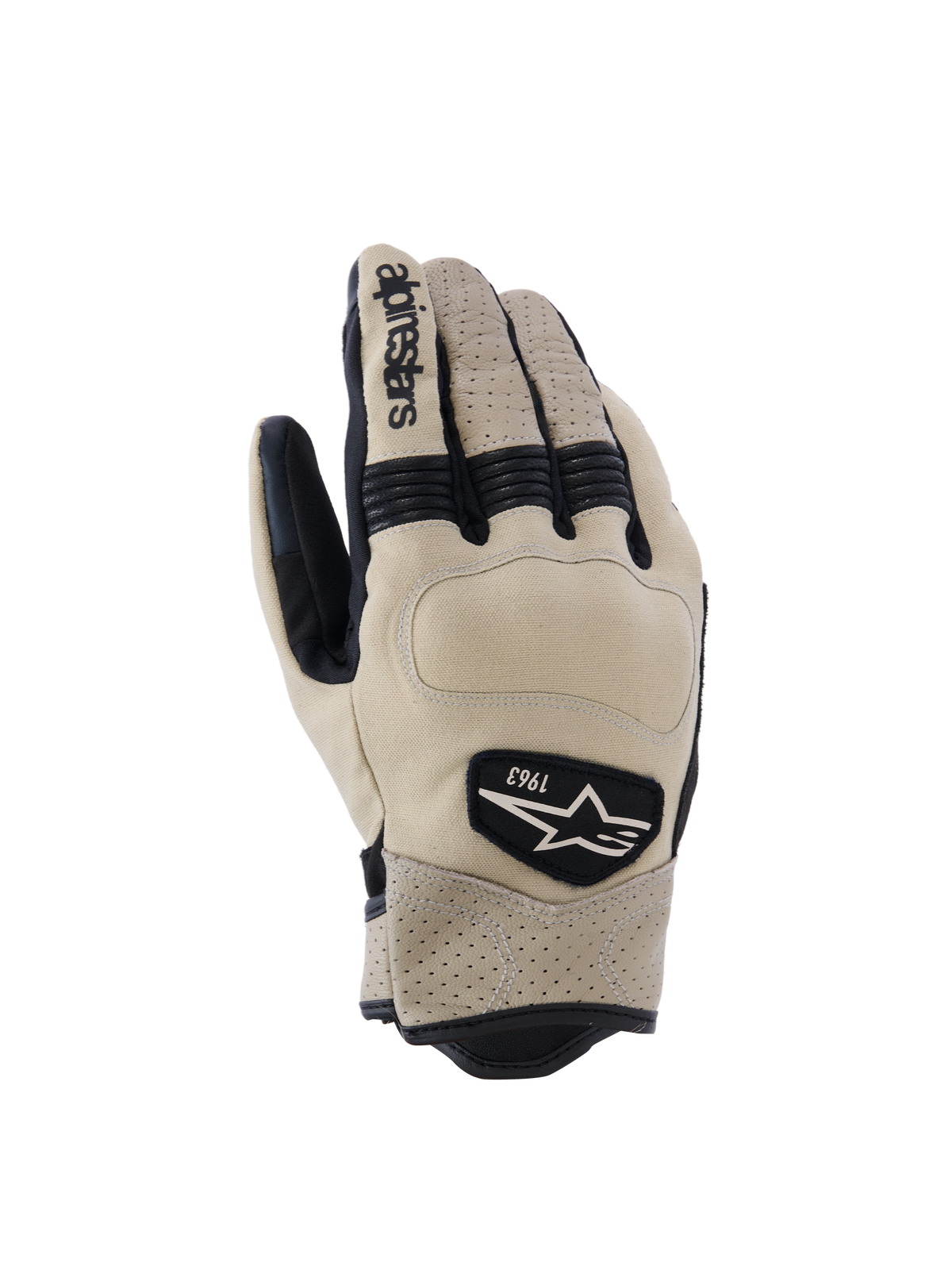 Alpinestars Tracker Gloves, Motorcycle Gloves, Beige and Black, featuring perforated leather, black accordion stretch inserts, and 1963 heritage logo patch, urban workwear style
