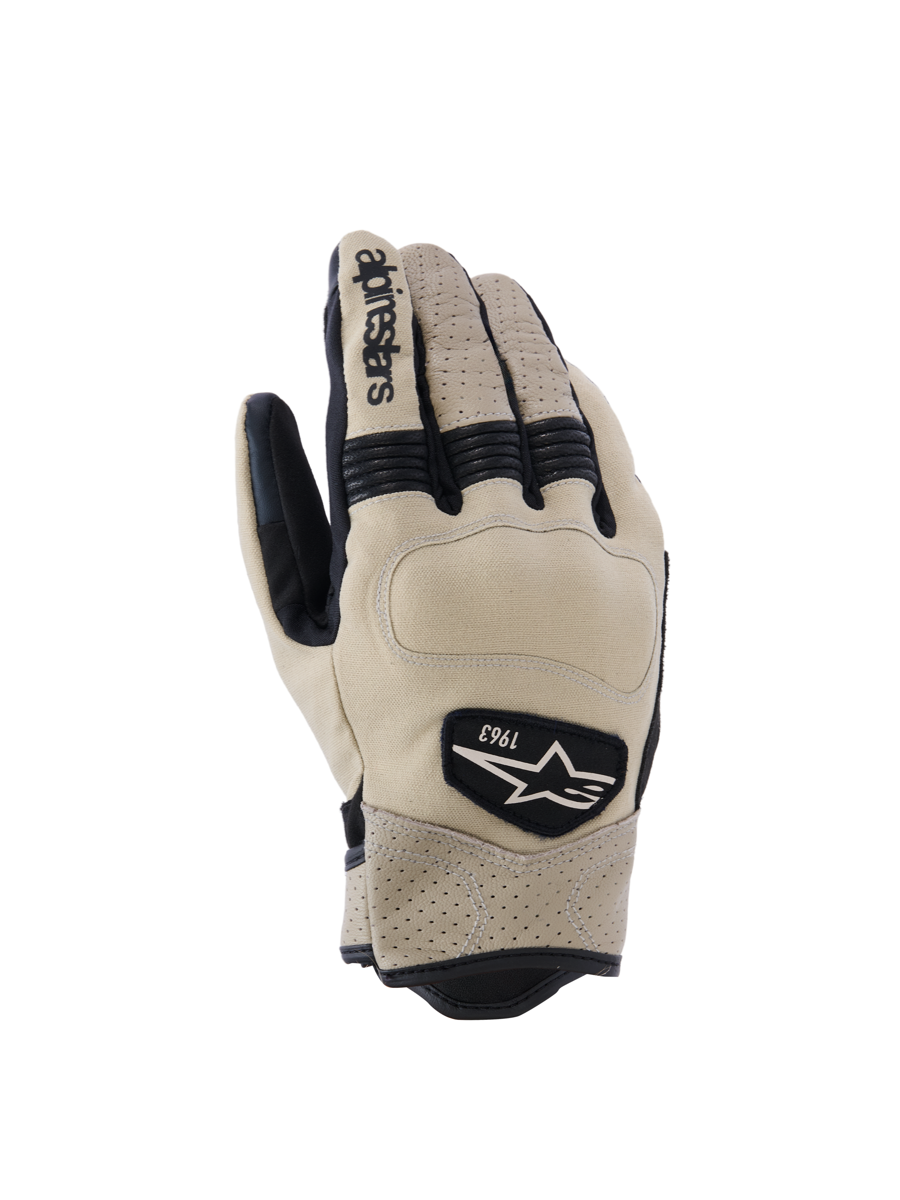 Alpinestars Tracker Gloves, rękawice motocyklowe, beżowe i czarne, perforowana skóra, czarne elastyczne wstawki harmonijkowe, naszywka z logo heritage 1963, miejski styl odzieży roboczej