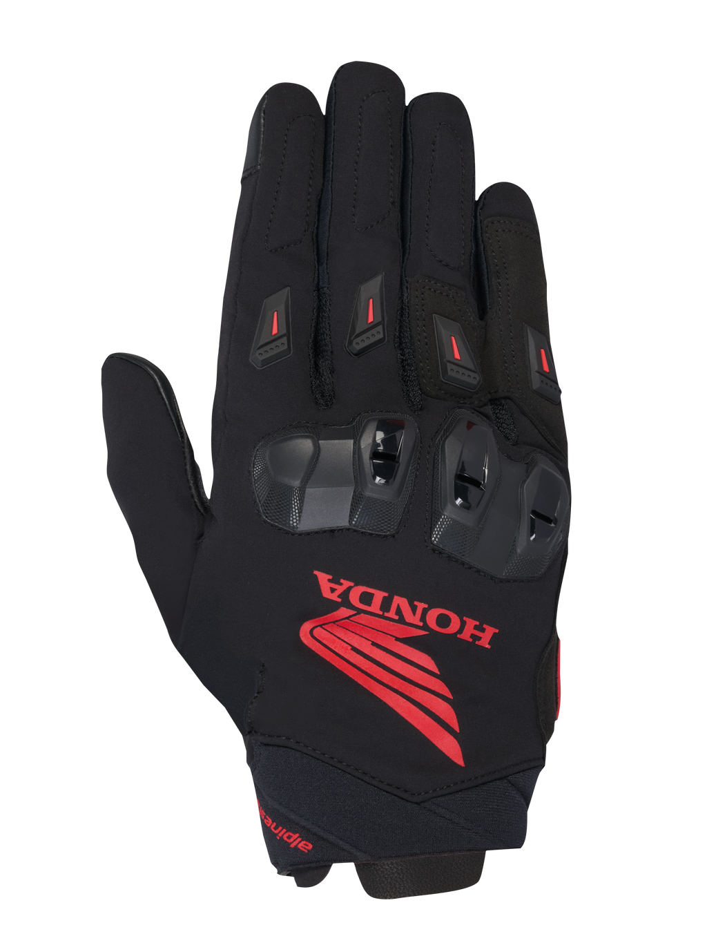 Alpinestars Honda SP X 3 Glove, Motorcycle Sport Glove, Black with prominent Red Honda logo, black TPU knuckle protectors, red finger sliders, technical textile and leather construction