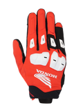 Alpinestars Honda SP X 3 Gloves, Motorcycle Sport Gloves, Bright Red, Black and White, featuring white TPU knuckle protectors and finger sliders, large white Honda Wing logo on the backhand, breathable multi-material design for summer road riding