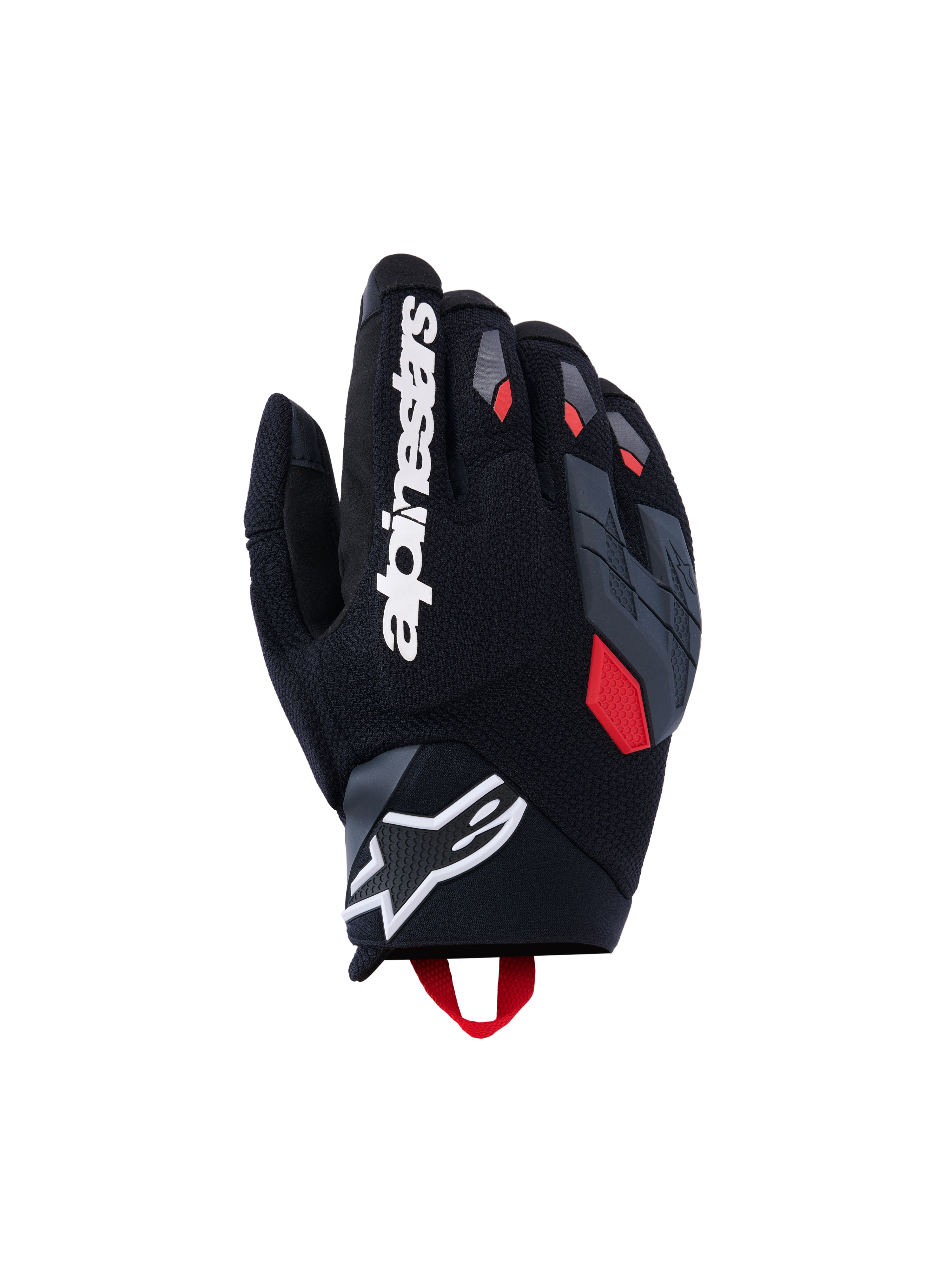 Alpinestars Durack Gloves, rękawice motocyklowe, czarne z ciemnoszarymi i jaskrawoczerwonymi akcentami, wyposażone w teksturowany tekstylny grzbiet dłoni, dzieloną szarą ochronę kostek, duży biały napis Alpinestars na palcu wskazującym oraz białe logo z gwiazdą na neoprenowym nadgarstku.