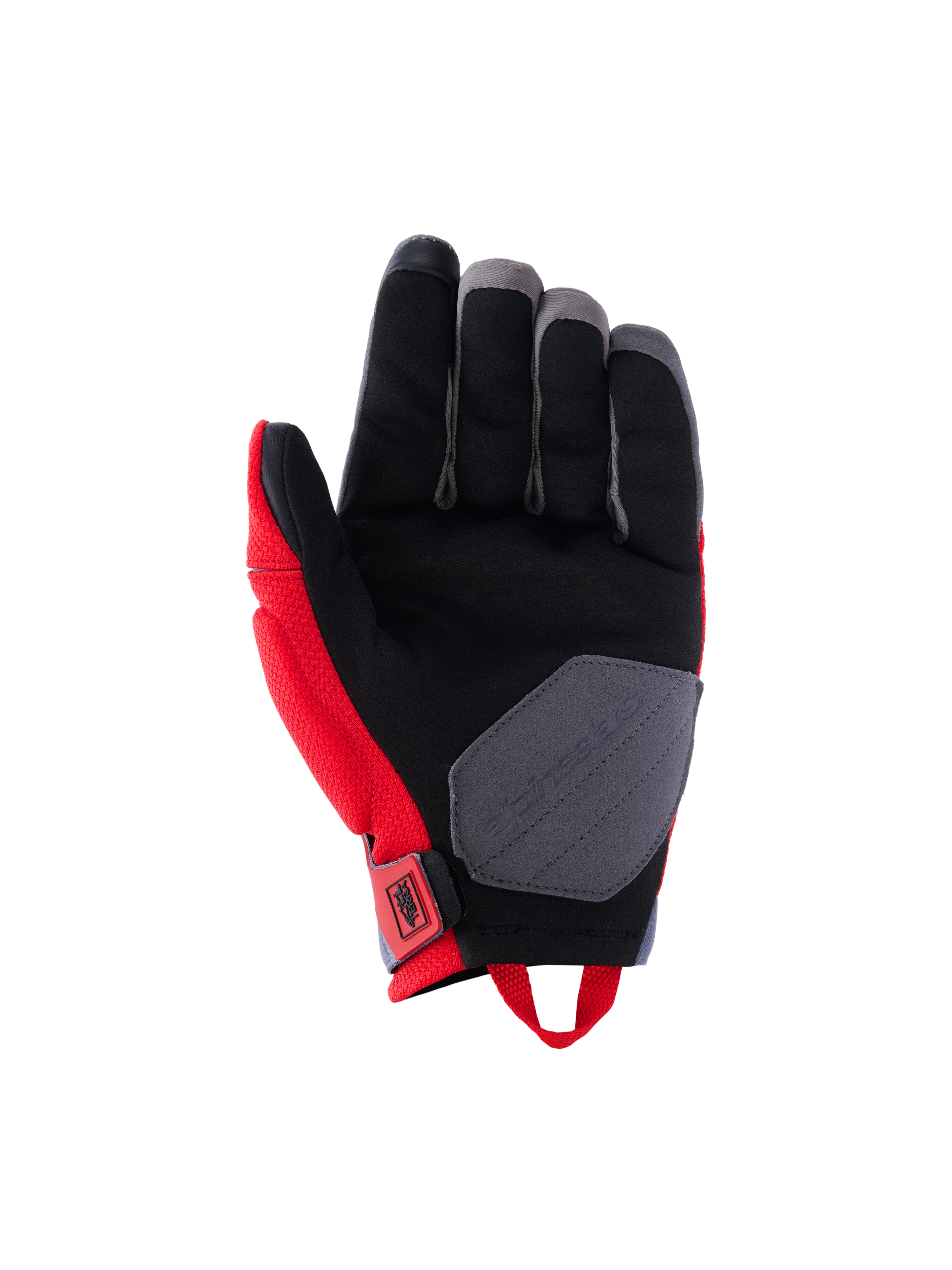 Alpinestars Durack Gloves, Motorcycle Gloves, Bright Red and Mid Gray, palm view featuring synthetic suede construction, black palm with gray reinforcement patch, red side panels and wrist pull loop