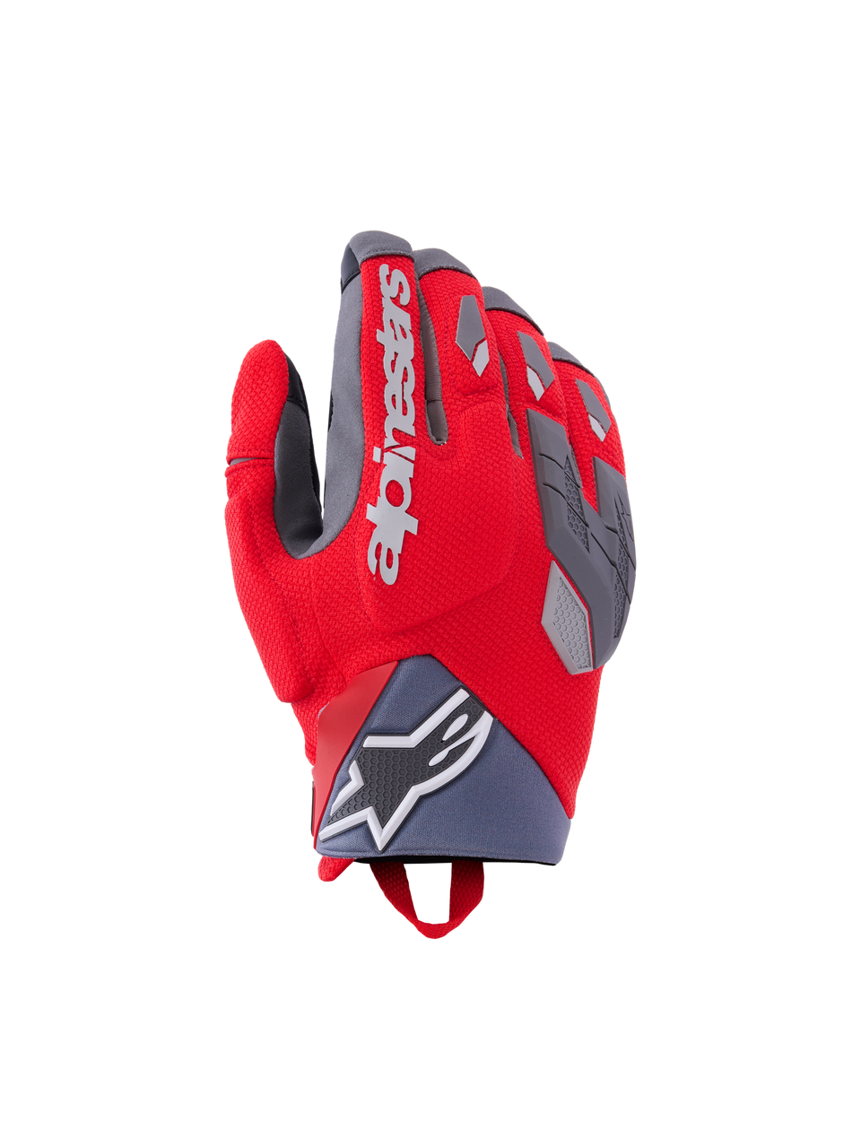 Rękawice Alpinestars Durack, rękawice motocyklowe, jaskrawoczerwone i szare, dzielone ochraniacze kostek z szarymi akcentami TPR, białe logo Alpinestars na wierzchu dłoni, neoprenowy mankiet z logo gwiazdy, sportowy design typu adventure