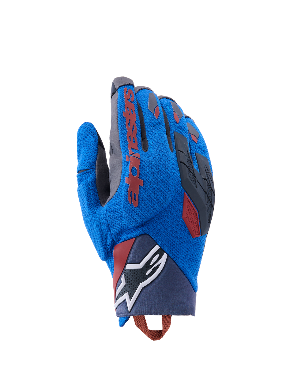 Rękawice Alpinestars Durack, motocyklowe rękawice adventure, niebieskie i ciemnoszare, tekstylny grzbiet z ochroną kostek TPR, czerwone logo Alpinestars na palcu wskazującym, białe logo gwiazdy na nadgarstku, lekka letnia ochrona dual sport