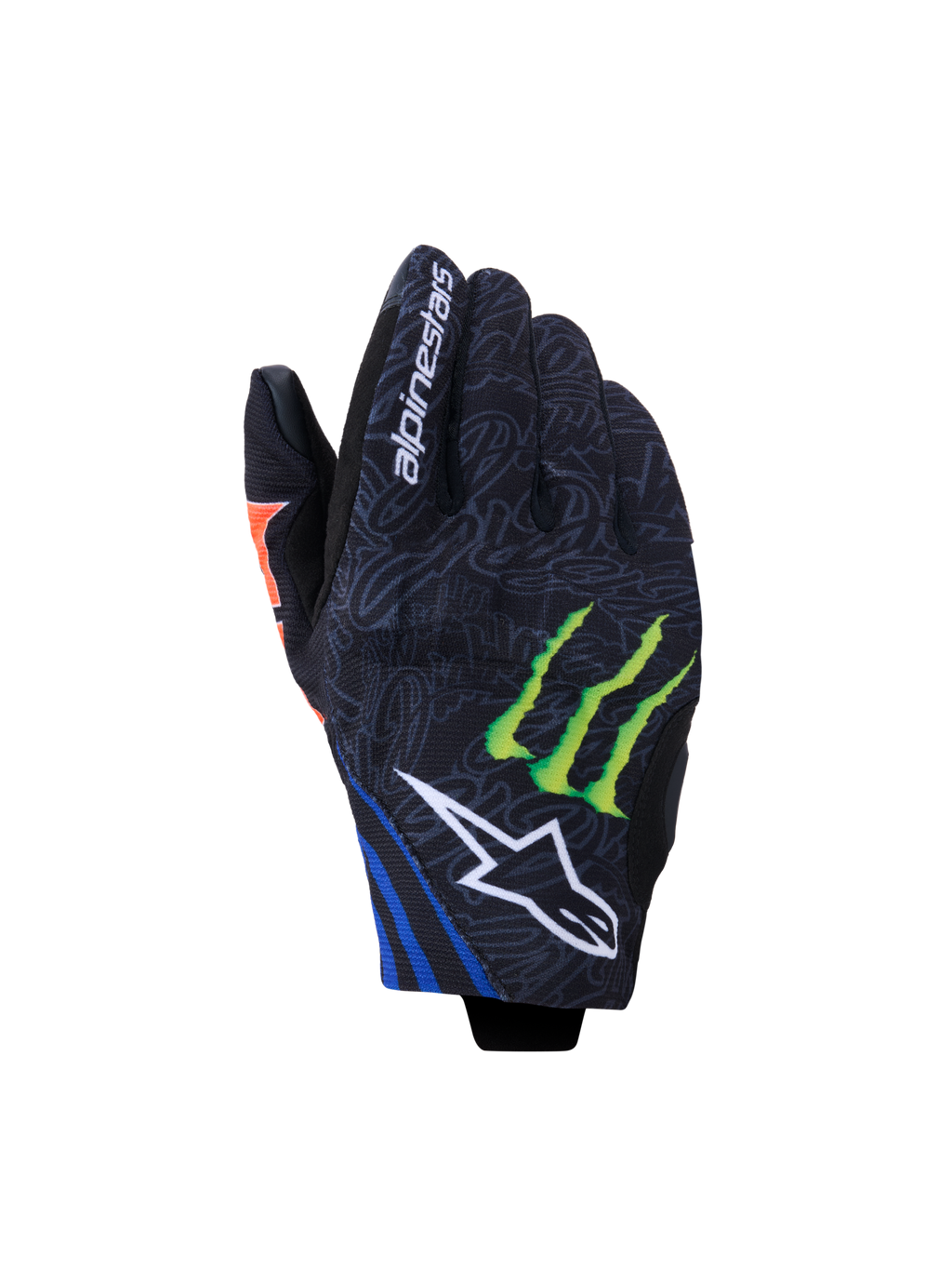 Alpinestars FQ20 Reef V2 Monster Gloves, Motorcycle Gloves, Black with Red Fluo, Blue and Green accents, featuring Monster Energy claw logo and white Alpinestars star logo, short cuff design with grey patterned textile