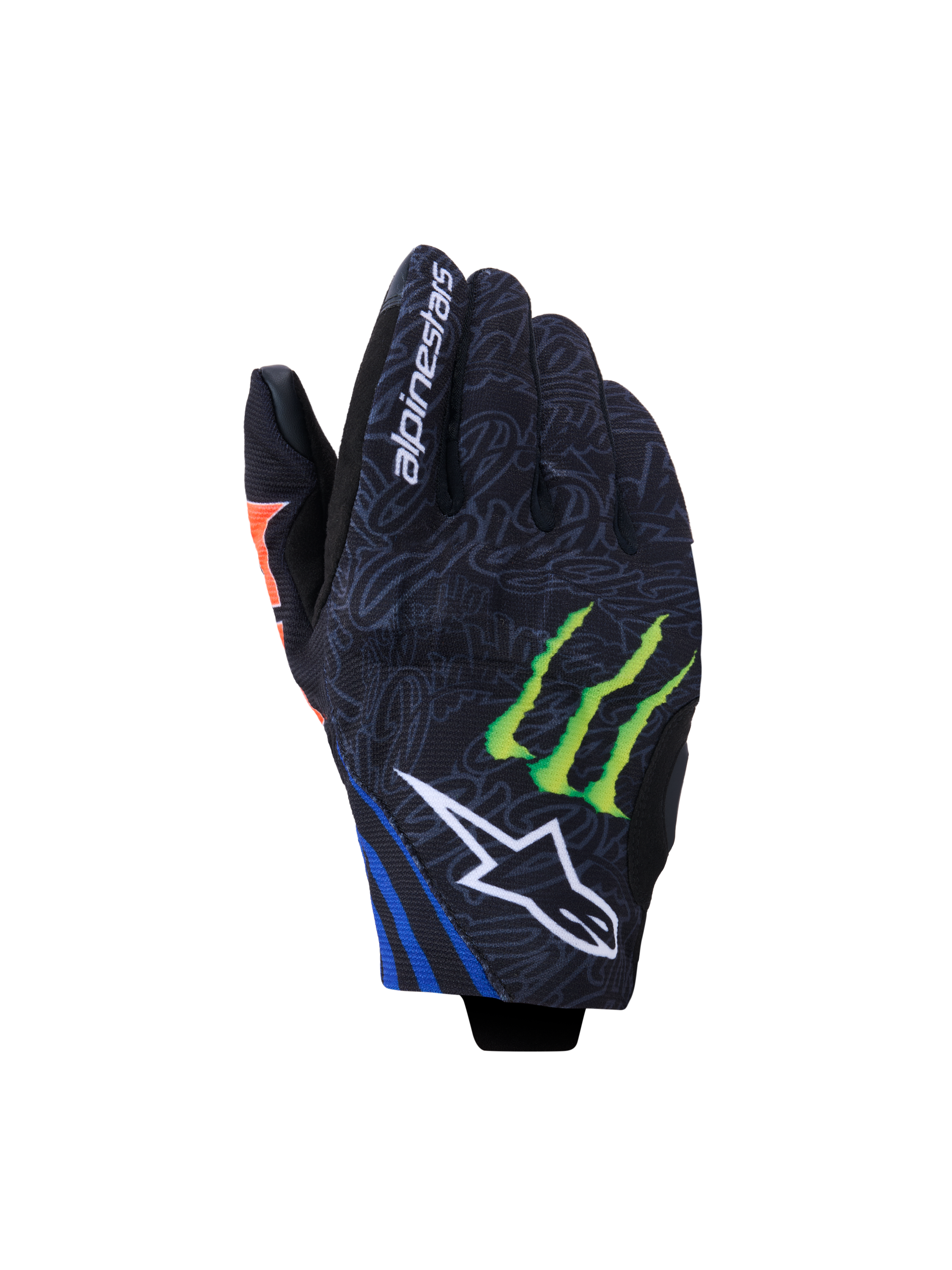Alpinestars FQ20 Reef V2 Monster Gloves, Motorcycle Gloves, Black with Red Fluo, Blue and Green accents, featuring Monster Energy claw logo and white Alpinestars star logo, short cuff design with grey patterned textile