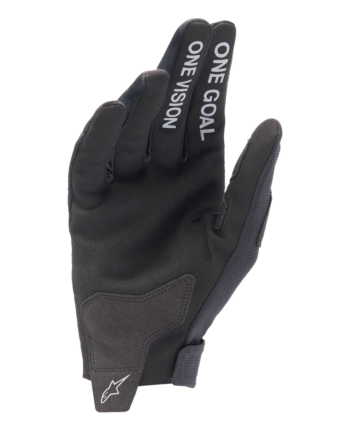 Alpinestars 2025 Radar Gloves, rękawice motocrossowe, czarne, widok od strony dłoni z białym tekstem „ONE GOAL” i „ONE VISION” na palcach, dłoń z syntetycznego zamszu, białe logo gwiazdy na bezszwowym zapięciu nadgarstka, minimalistyczny design off-road