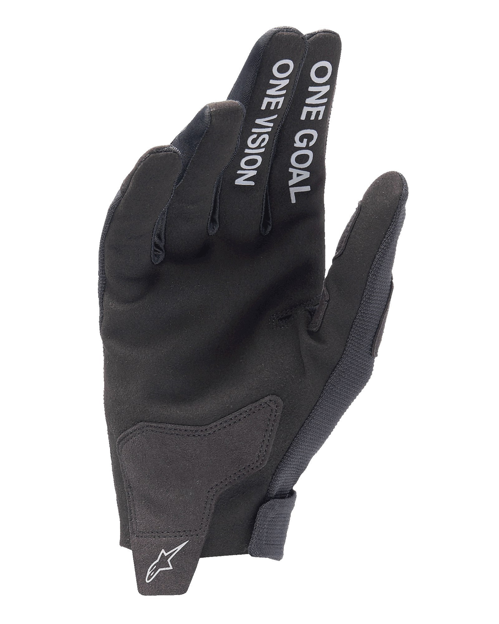 Alpinestars 2025 Radar Gloves, rękawice motocrossowe, czarne, widok od strony dłoni z białym tekstem „ONE GOAL” i „ONE VISION” na palcach, dłoń z syntetycznego zamszu, białe logo gwiazdy na bezszwowym zapięciu nadgarstka, minimalistyczny design off-road
