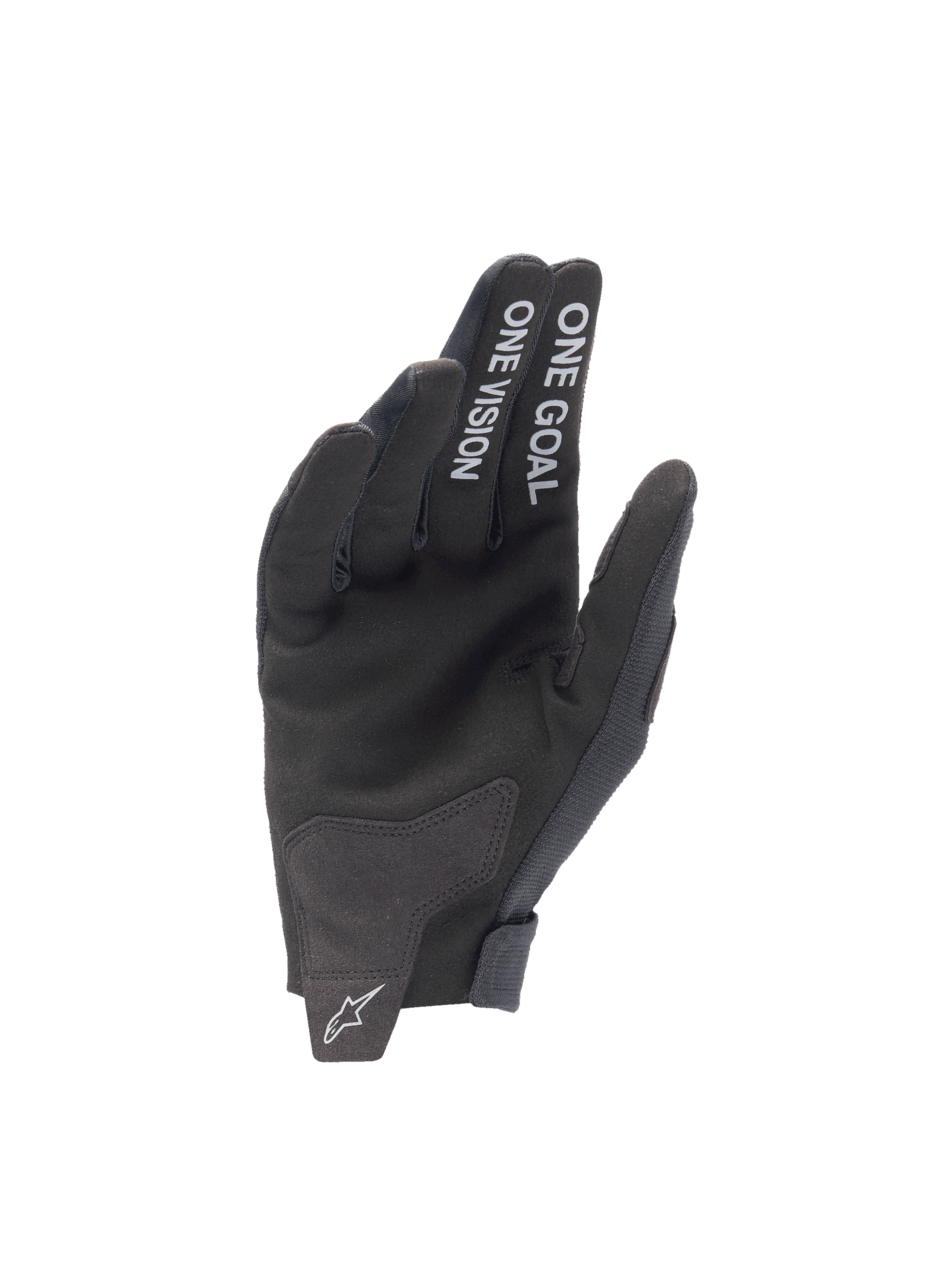 Alpinestars 2025 Radar Gloves, Motocross Gloves, Black, Synthetic Suede Palm with One Goal One Vision text.