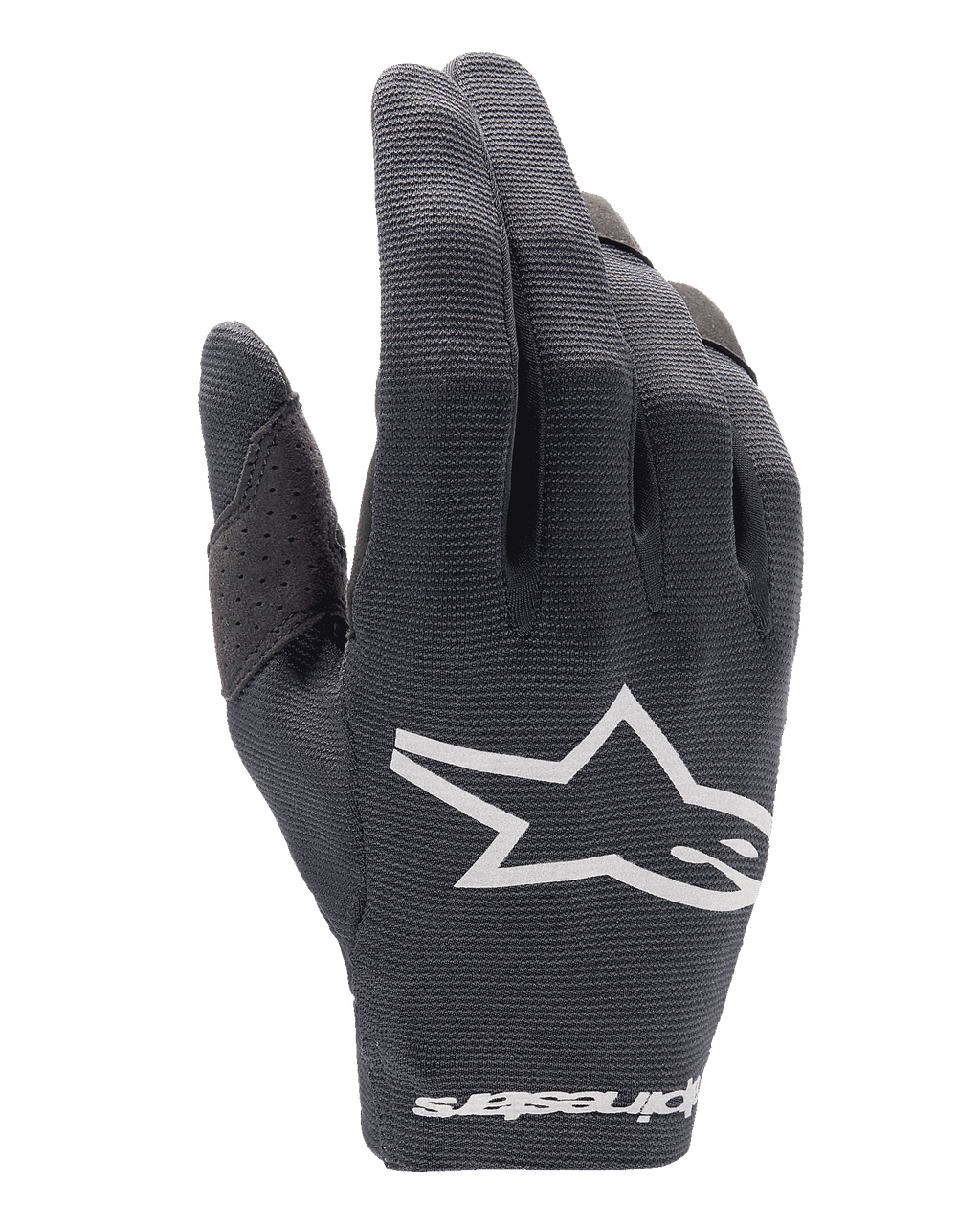 Alpinestars 2025 Radar Gloves, rękawice motocrossowe, czarne, białe logo Alpinestars na wierzchu dłoni i napis na nadgarstku, oddychający materiał typu mesh z perforowanym wzmocnieniem kciuka, lekki sprzęt do wyścigów off-road