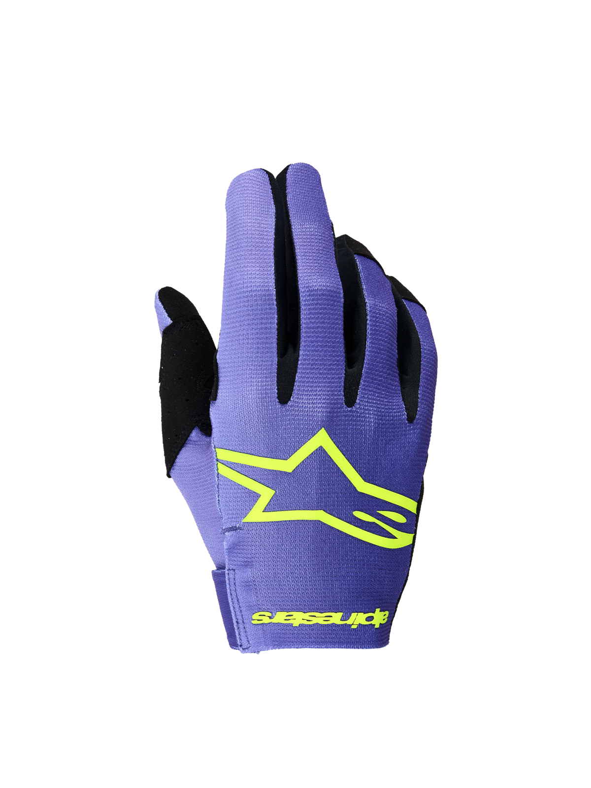 Alpinestars Rękawice Radar 2026, fioletowe i żółte fluo, lekkie rękawice motocrossowe z elastyczną konstrukcją.