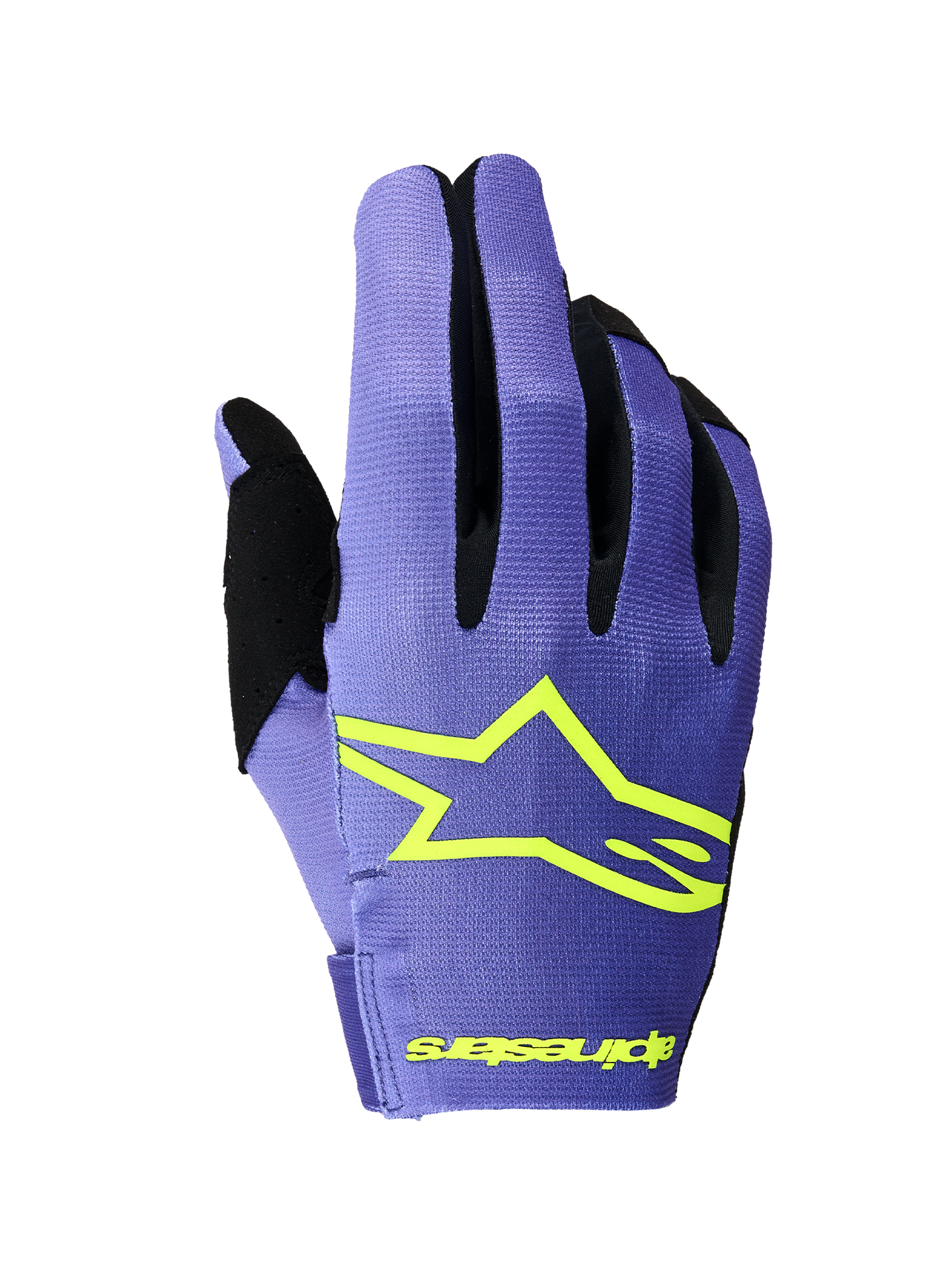 Alpinestars Radar 2026, rękawice motocrossowe, fioletowe i żółte fluo, widok grzbietu dłoni z wyraźnym żółtym logo gwiazdy Alpinestars, czarne wstawki między palcami, lekka i elastyczna konstrukcja tekstylna do wyścigów off-road