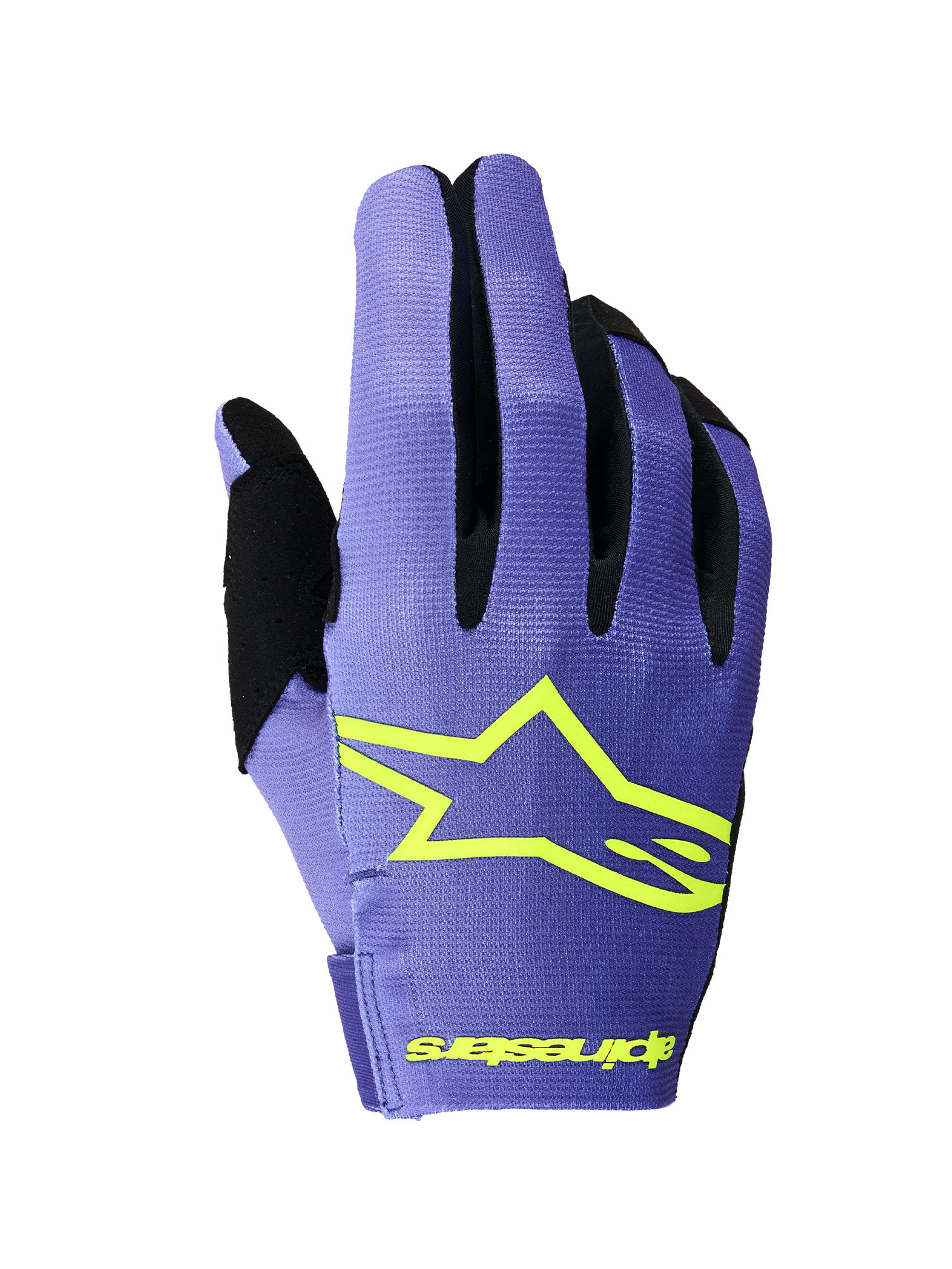 Alpinestars Radar 2026, rękawice motocrossowe, fioletowe i żółte fluo, widok grzbietu dłoni z wyraźnym żółtym logo gwiazdy Alpinestars, czarne wstawki między palcami, lekka i elastyczna konstrukcja tekstylna do wyścigów off-road