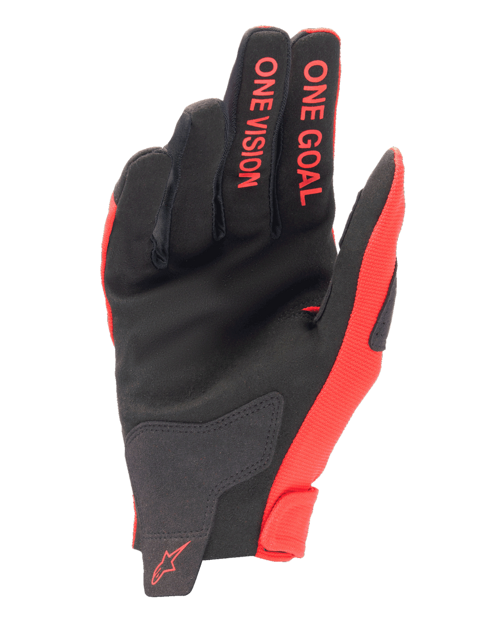 Rękawice Alpinestars Radar 2025, rękawice motocrossowe, czerwone i czarne, widok od strony dłoni wykonanej z syntetycznego zamszu, czerwone napisy „ONE GOAL” i „ONE VISION” na palcach, czerwone logo na nadgarstku, wyczynowa odzież off-road