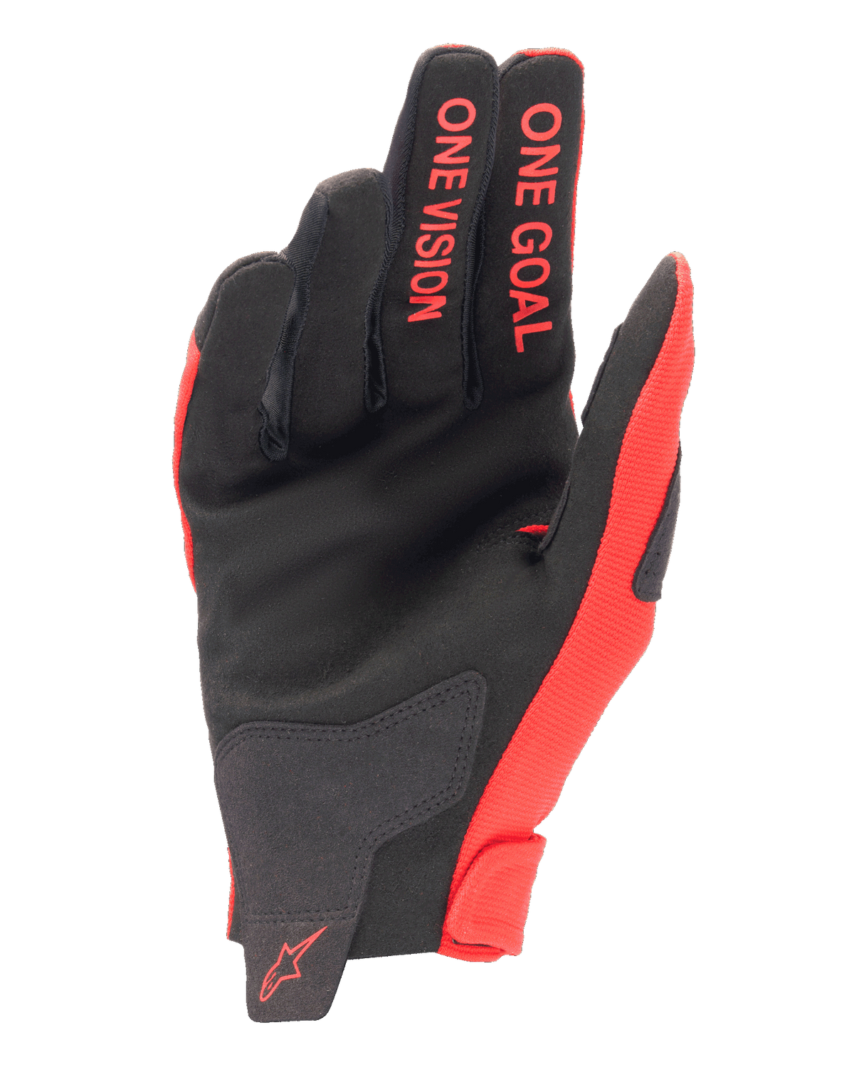 Rękawice Alpinestars Radar 2025, rękawice motocrossowe, czerwone i czarne, widok od strony dłoni wykonanej z syntetycznego zamszu, czerwone napisy „ONE GOAL” i „ONE VISION” na palcach, czerwone logo na nadgarstku, wyczynowa odzież off-road