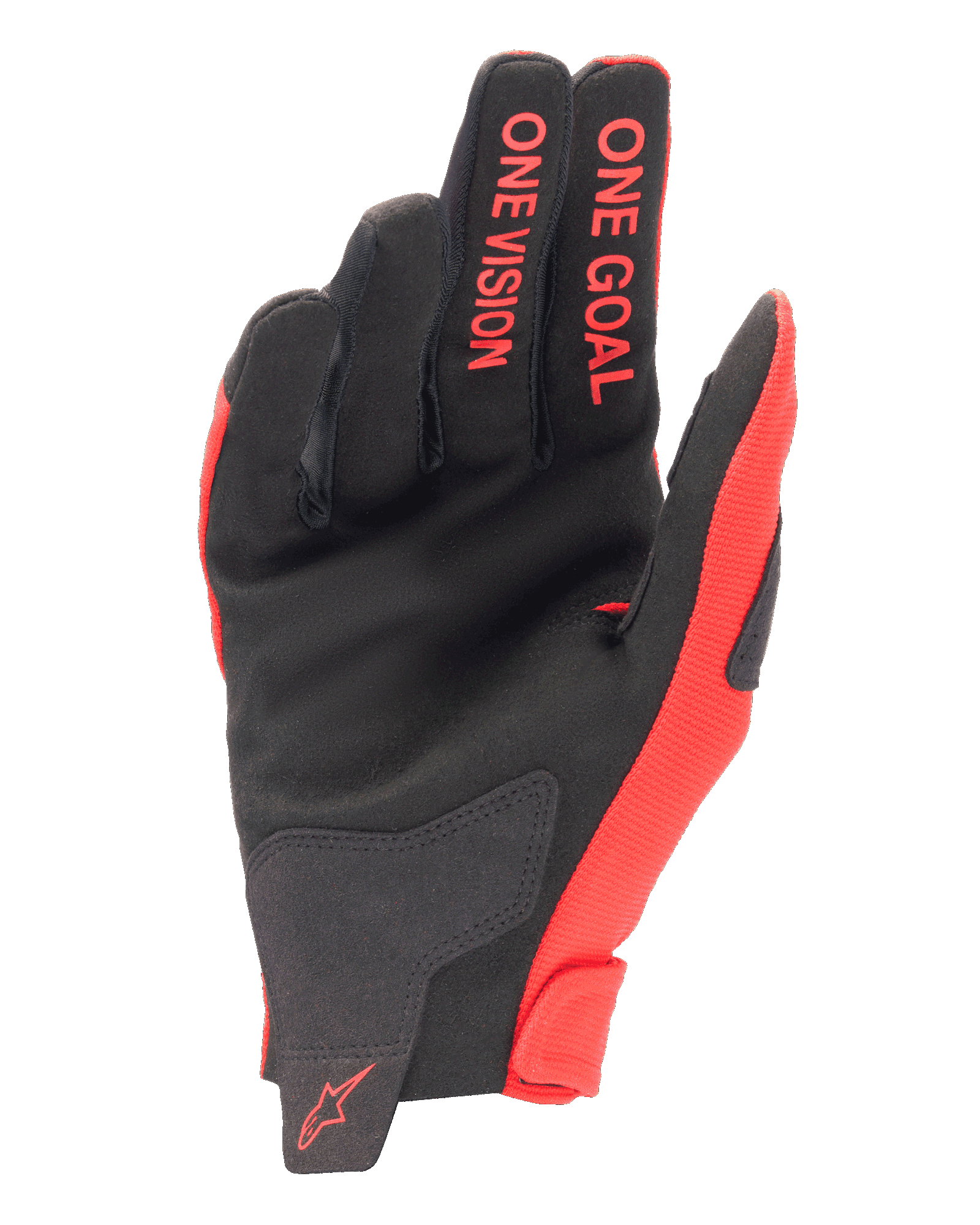 Rękawice Alpinestars Radar 2025, rękawice motocrossowe, czerwone i czarne, widok od strony dłoni wykonanej z syntetycznego zamszu, czerwone napisy „ONE GOAL” i „ONE VISION” na palcach, czerwone logo na nadgarstku, wyczynowa odzież off-road