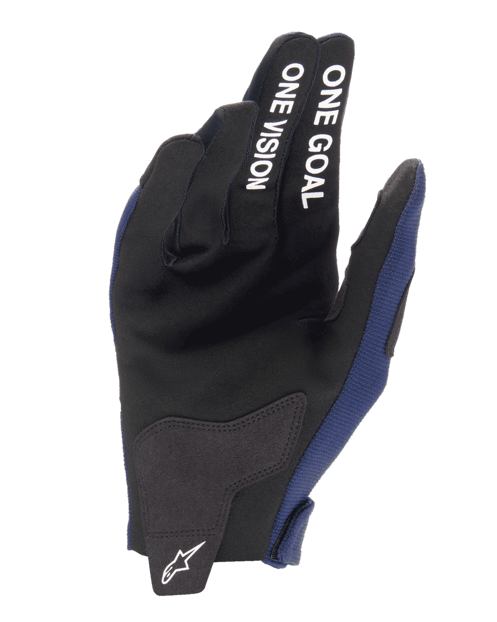 Alpinestars 2025 Radar Gloves, rękawice motocrossowe, granatowe i białe, widok od strony dłoni ze wzmocnieniami z syntetycznego zamszu, biały napis „ONE GOAL ONE VISION” na palcach, białe logo Alpinestars na patce zapięcia