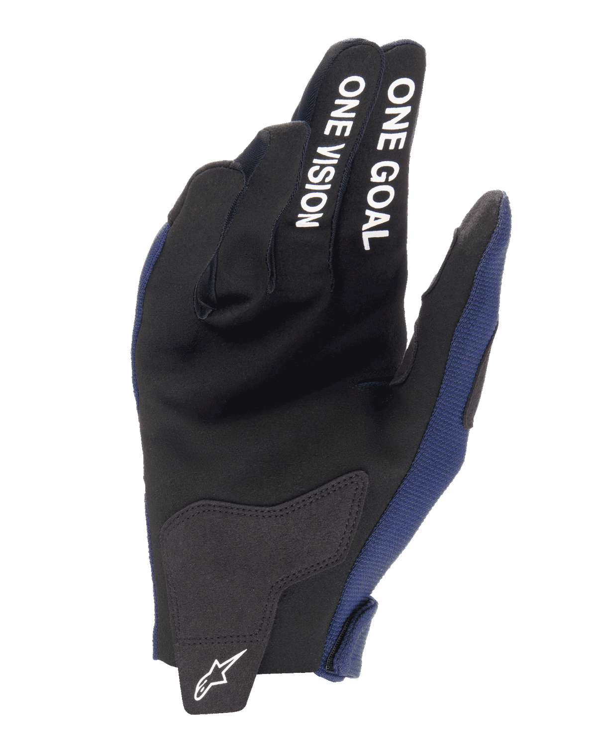 Alpinestars 2025 Radar Gloves, rękawice motocrossowe, granatowe i białe, widok od strony dłoni ze wzmocnieniami z syntetycznego zamszu, biały napis „ONE GOAL ONE VISION” na palcach, białe logo Alpinestars na patce zapięcia