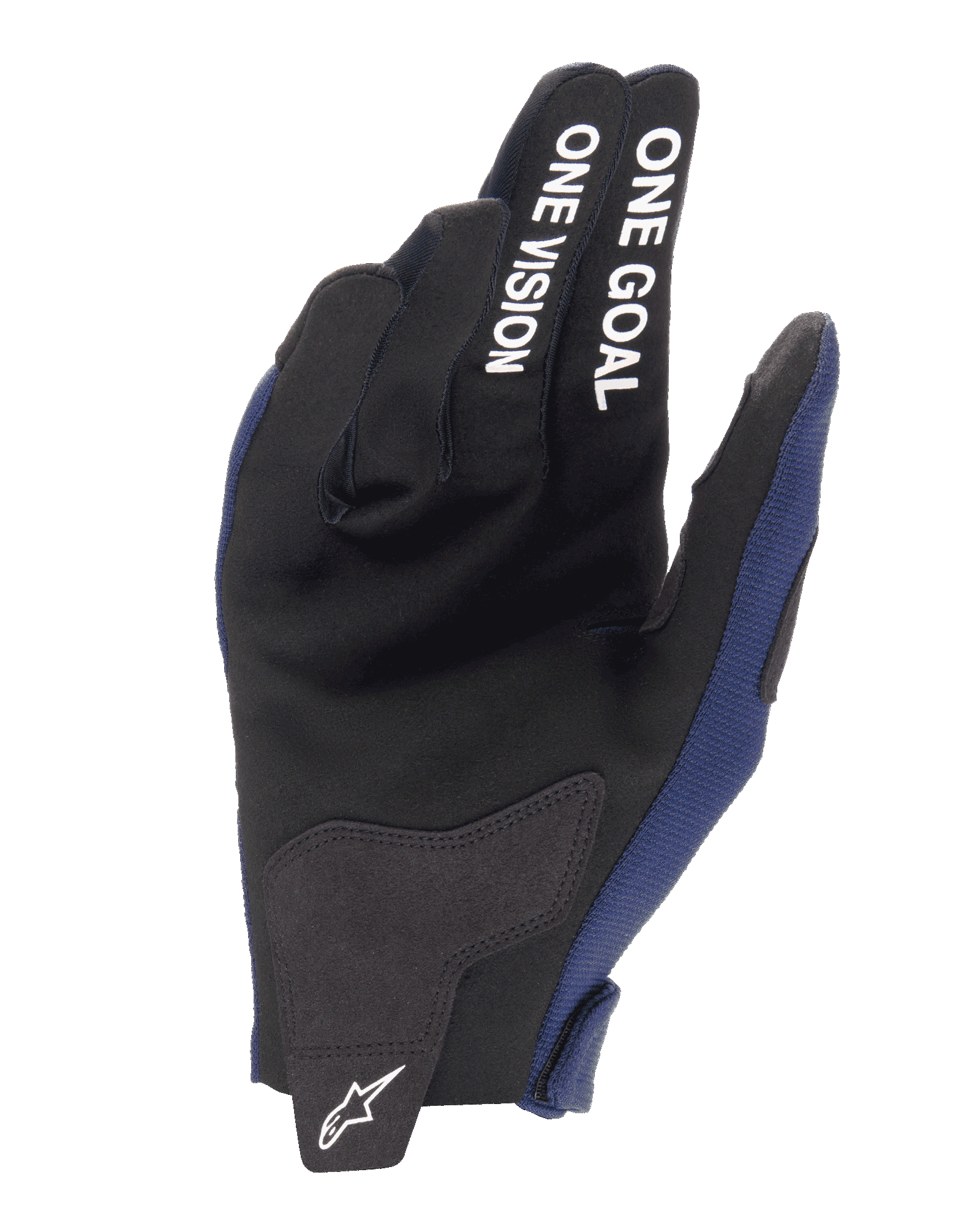 Alpinestars 2025 Radar Gloves, rękawice motocrossowe, granatowe i białe, widok od strony dłoni ze wzmocnieniami z syntetycznego zamszu, biały napis „ONE GOAL ONE VISION” na palcach, białe logo Alpinestars na patce zapięcia