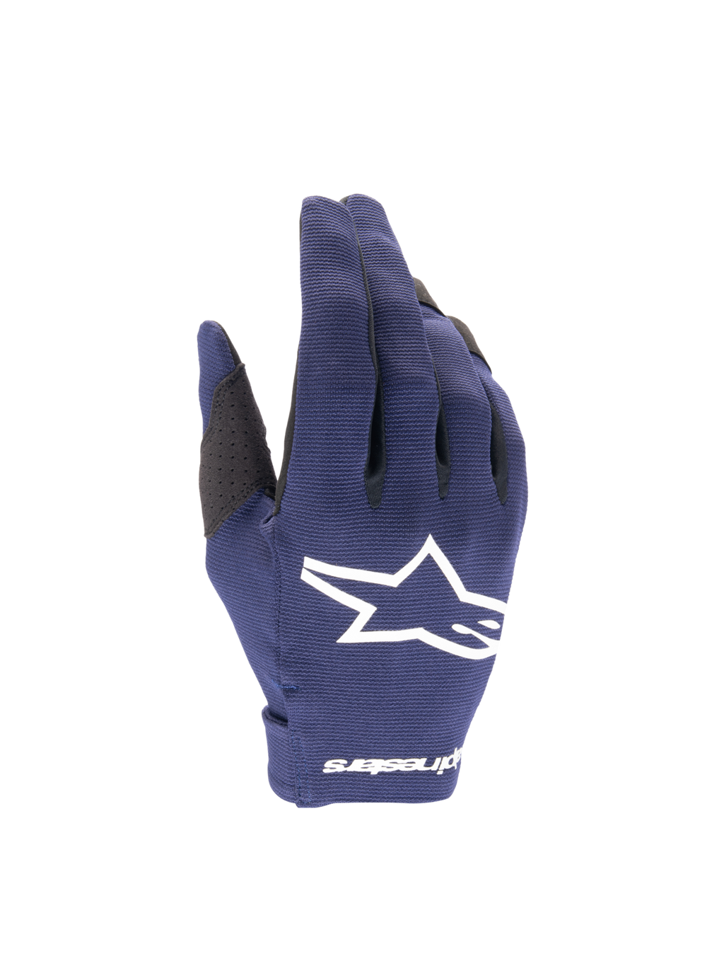 Alpinestars 2025 Radar Motocross Gloves, Men's, Night Navy and White, lightweight stretch textile with a star logo.