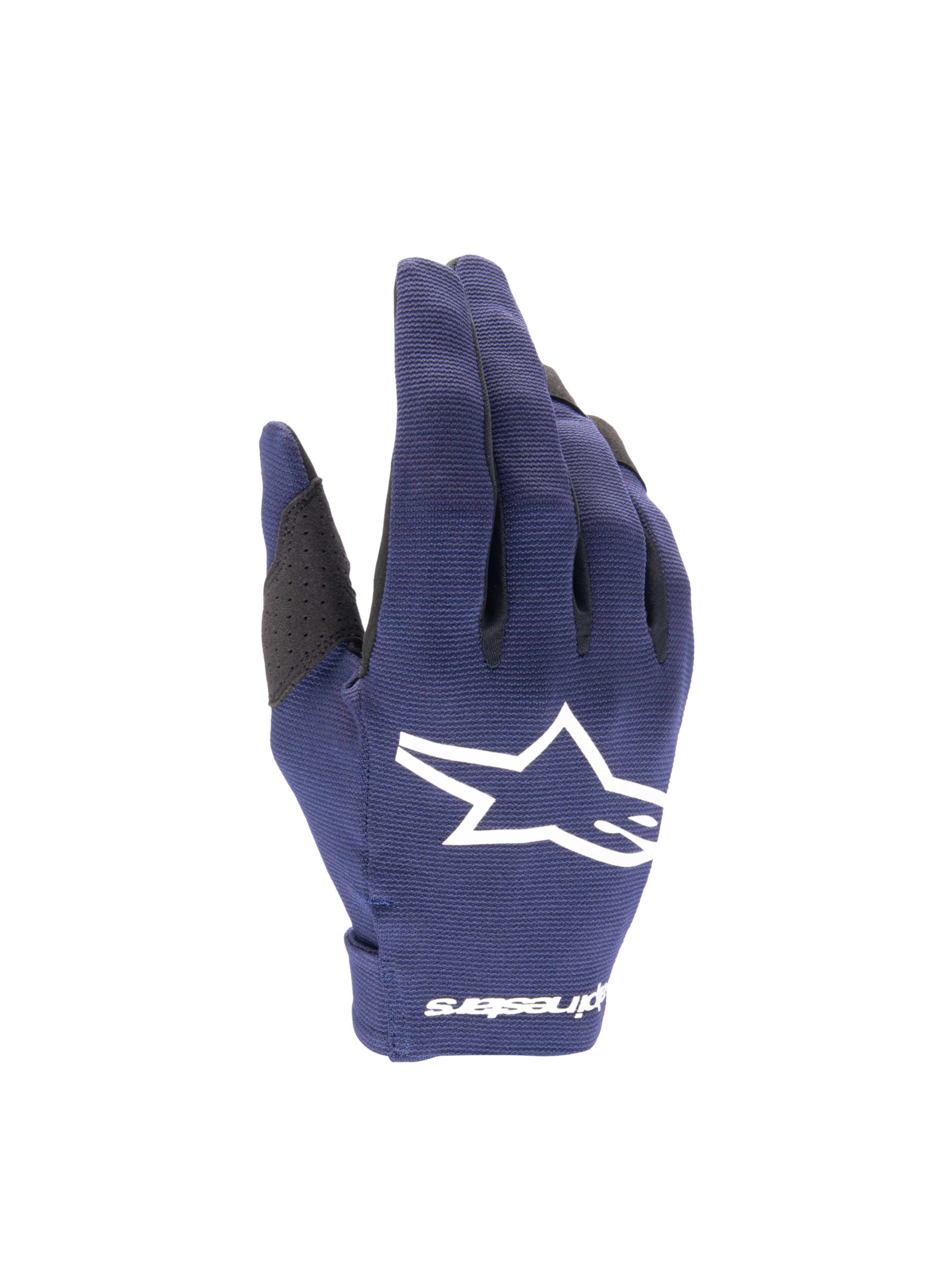 Alpinestars Radar 2025, męskie rękawice motocrossowe, granatowe i białe, lekki elastyczny materiał, białe logo gwiazdy