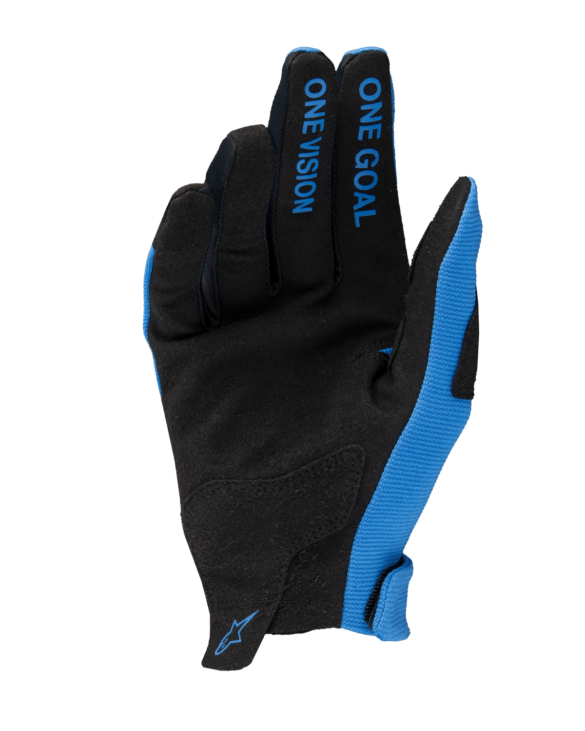 Rękawice Alpinestars Radar 2025, rękawice motocrossowe, niebiesko-czarne, widok od strony dłoni z syntetycznego zamszu, napis „ONE GOAL ONE VISION” na palcach, niebieskie panele boczne i małe logo na nadgarstku, lekka konstrukcja do wyścigów terenowych