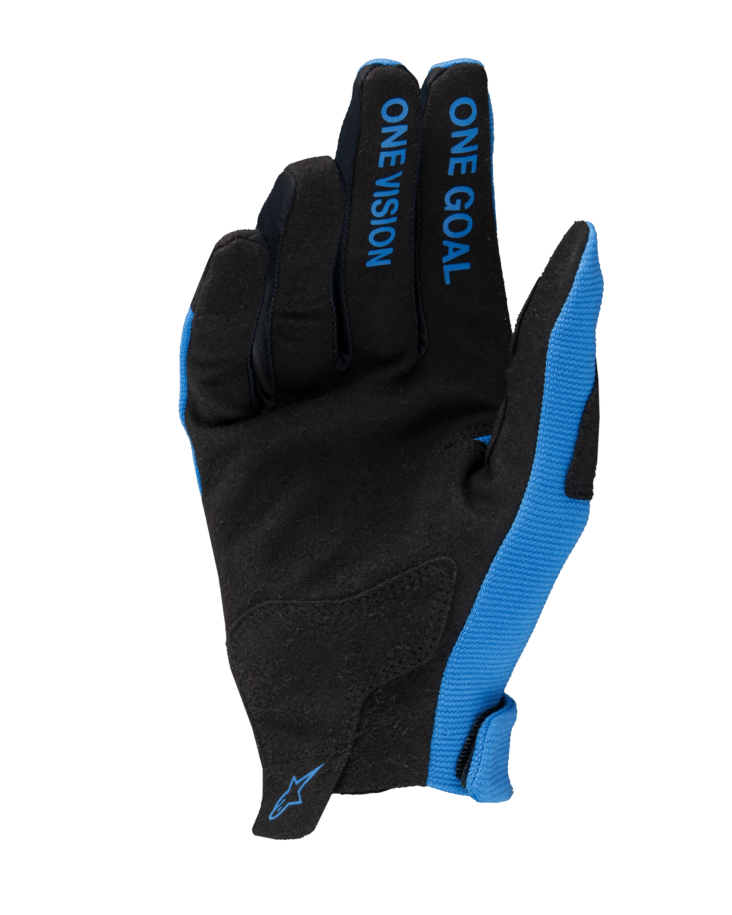 Rękawice Alpinestars Radar 2025, rękawice motocrossowe, niebiesko-czarne, widok od strony dłoni z syntetycznego zamszu, napis „ONE GOAL ONE VISION” na palcach, niebieskie panele boczne i małe logo na nadgarstku, lekka konstrukcja do wyścigów terenowych