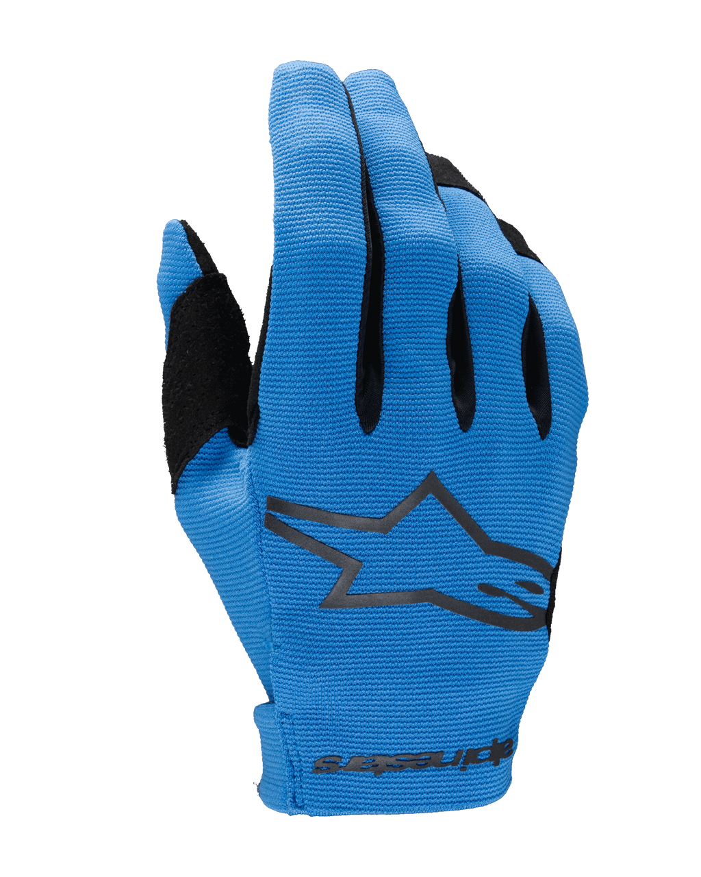 Rękawice Alpinestars Radar 2025, rękawice motocrossowe, niebiesko-czarne, widok wierzchu dłoni z teksturowanej elastycznej tkaniny, duże czarne logo gwiazdy Alpinestars, wzmocniony obszar kciuka i bezszwowe zapięcie na nadgarstku z brandingiem