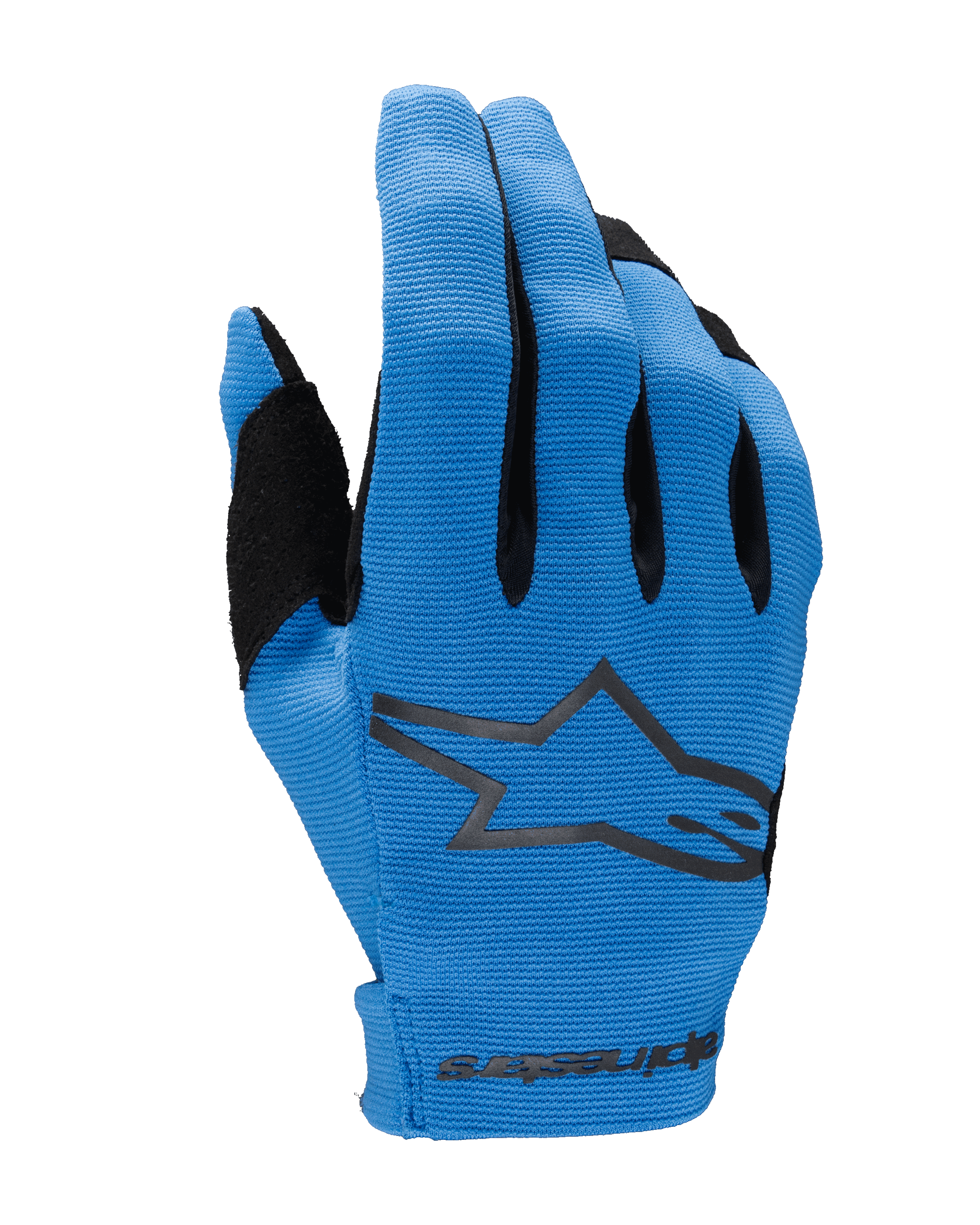 Rękawice Alpinestars Radar 2025, rękawice motocrossowe, niebiesko-czarne, widok wierzchu dłoni z teksturowanej elastycznej tkaniny, duże czarne logo gwiazdy Alpinestars, wzmocniony obszar kciuka i bezszwowe zapięcie na nadgarstku z brandingiem