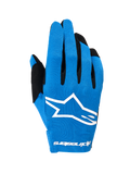Rękawice Alpinestars Radar 2026, rękawice motocrossowe, niebiesko-białe, z jednowarstwowym elastycznym grzbietem dłoni i dużym białym logo Astars, czarne akcenty na palcach, lekka konstrukcja wydajnościowa do jazdy terenowej