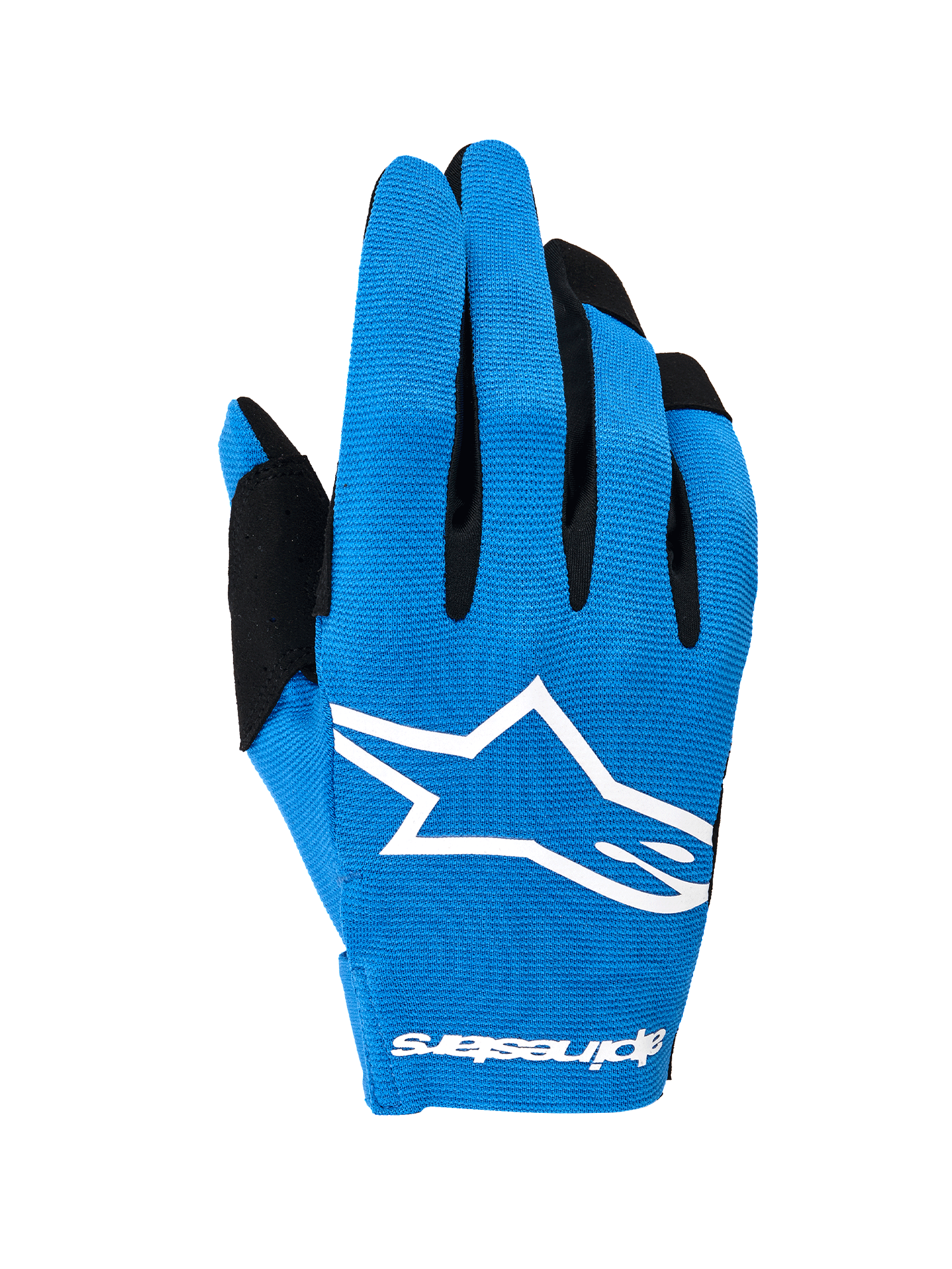 Rękawice Alpinestars Radar 2026, rękawice motocrossowe, niebiesko-białe, z jednowarstwowym elastycznym grzbietem dłoni i dużym białym logo Astars, czarne akcenty na palcach, lekka konstrukcja wydajnościowa do jazdy terenowej