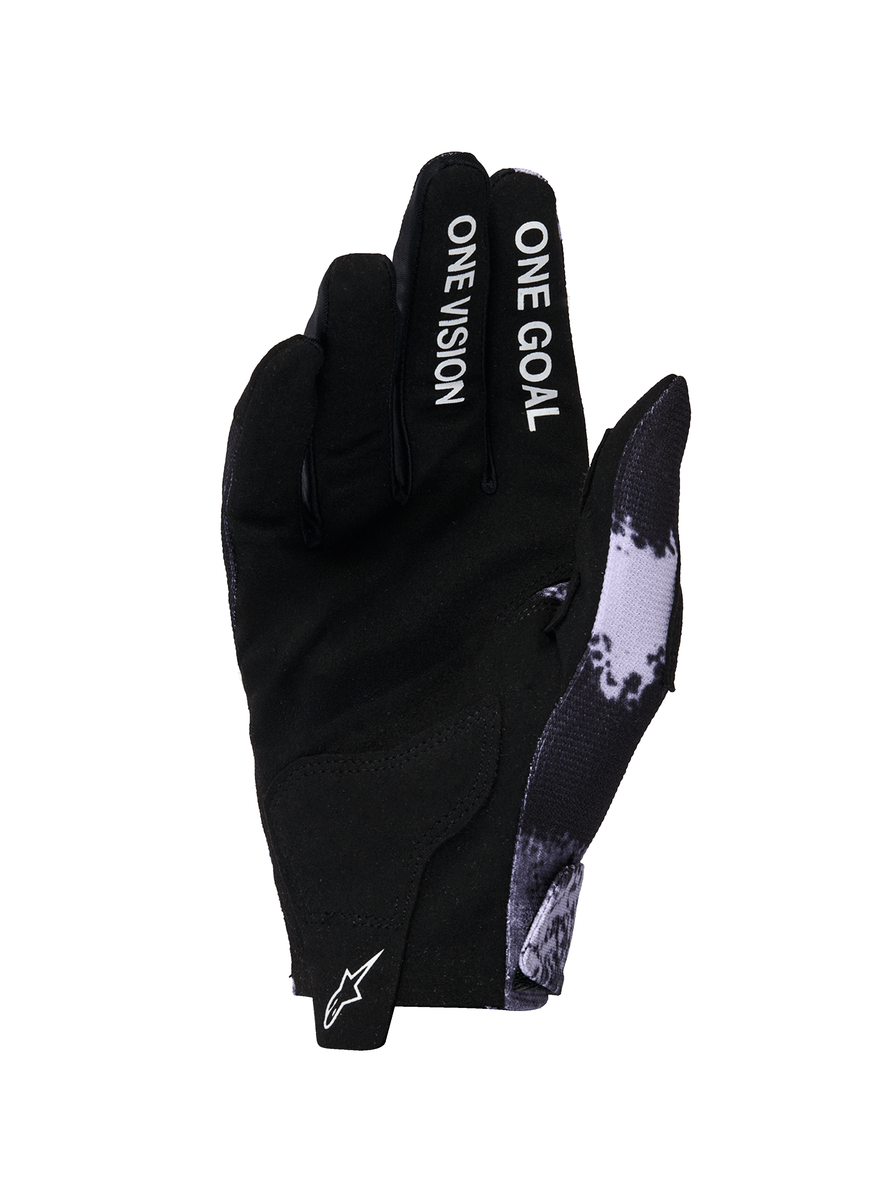Rękawice Alpinestars Radar 2026, rękawice motocrossowe, kolor Iron Camo i czarny, widok dłoni wykonanej z syntetycznego zamszu, napis „ONE GOAL ONE VISION” na palcach, białe logo Astars na uchwycie, smukły design off-road