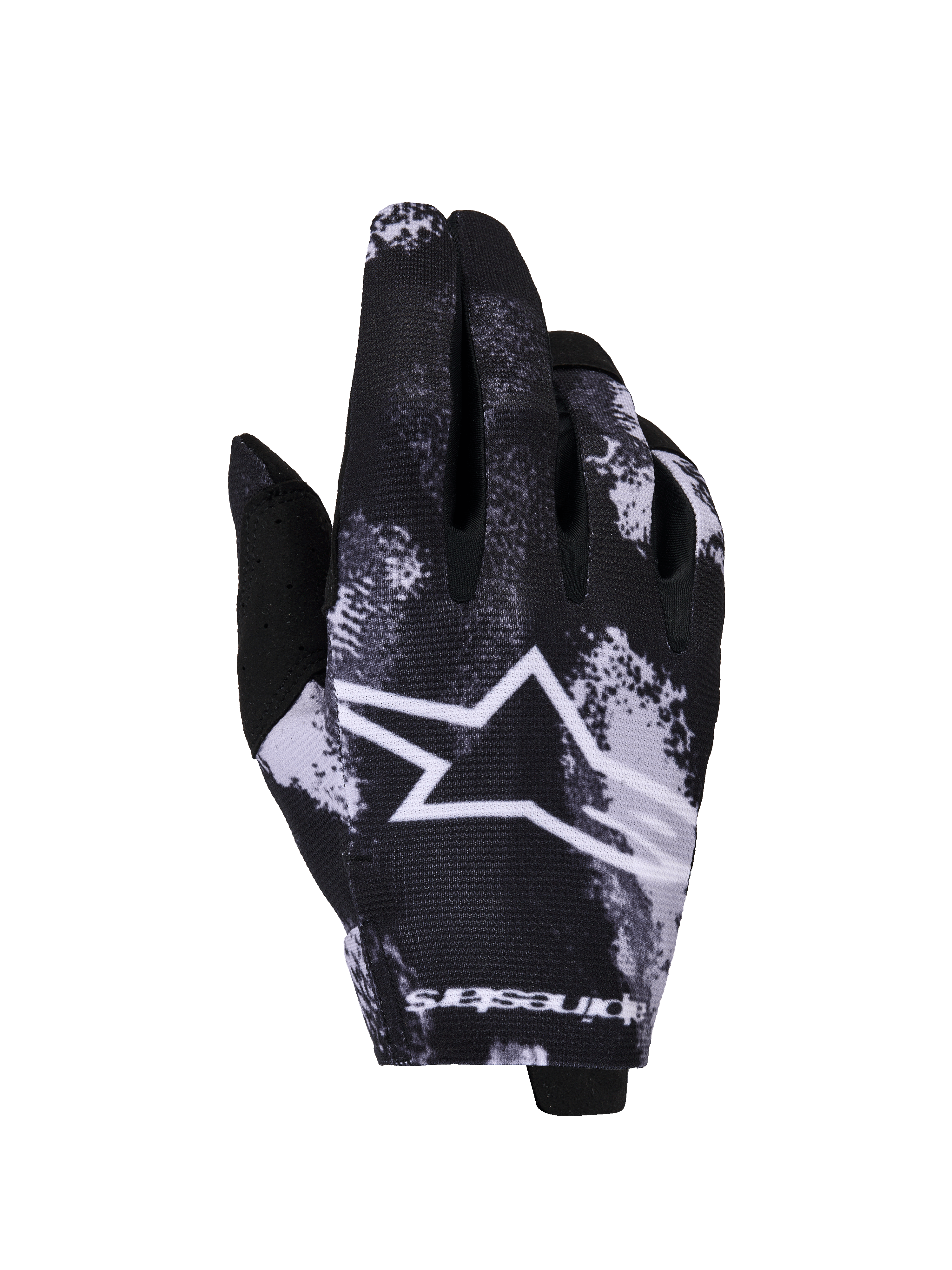 Alpinestars Radar Gloves 2026, rękawice motocrossowe, wzór Iron Camo czarno-biały, z dużym białym logo gwiazdy, sublimowana grafika, lekka elastyczna konstrukcja do jazdy terenowej