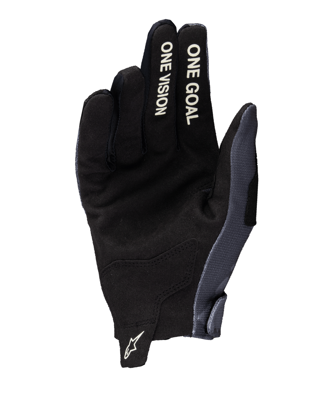 Rękawice Alpinestars Radar 2025, rękawice motocrossowe, szare i ciemne moro, widok od strony dłoni z konstrukcją z syntetycznego zamszu, białe napisy „ONE VISION” i „ONE GOAL” na palcach oraz białe logo Astars na uchwycie przy nadgarstku