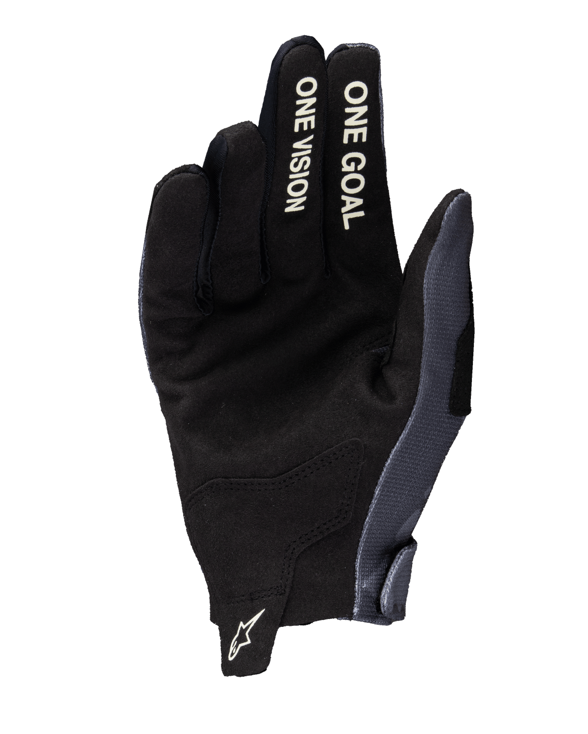 Rękawice Alpinestars Radar 2025, rękawice motocrossowe, szare i ciemne moro, widok od strony dłoni z konstrukcją z syntetycznego zamszu, białe napisy „ONE VISION” i „ONE GOAL” na palcach oraz białe logo Astars na uchwycie przy nadgarstku