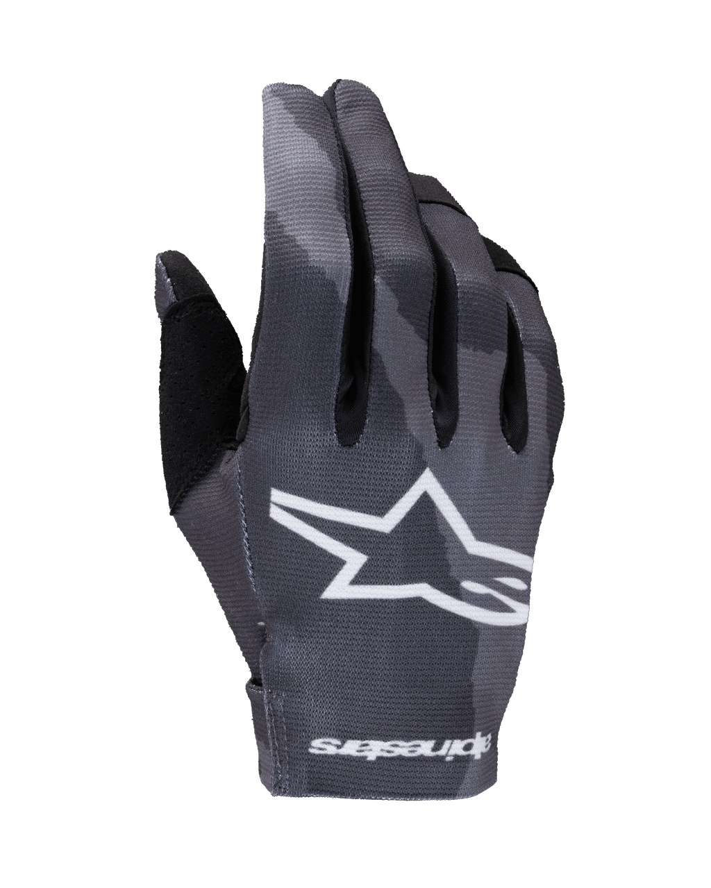 Rękawice Alpinestars Radar 2025, rękawice motocrossowe, wzór Dark Camo w odcieniach szarości, z dużym białym logo gwiazdy na wierzchu dłoni i napisem Alpinestars na mankiecie, lekka elastyczna konstrukcja do jazdy w terenie