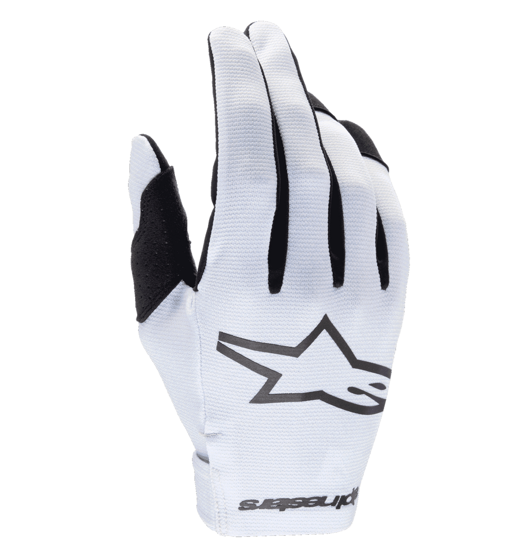 Rękawice Alpinestars Radar 2025, rękawice motocrossowe, biało-czarne, teksturowany syntetyczny wierzch dłoni z wyrazistym czarnym logo gwiazdy, czarne akcenty między palcami, bezszwowe zapięcie nadgarstka z logo, lekka i dopasowana konstrukcja do wyścigów terenowych