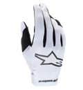 Rękawice Alpinestars Radar 2025, rękawice motocrossowe, biało-czarne, teksturowany syntetyczny wierzch dłoni z wyrazistym czarnym logo gwiazdy, czarne akcenty między palcami, bezszwowe zapięcie nadgarstka z logo, lekka i dopasowana konstrukcja do wyścigów terenowych