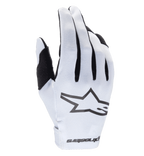 Rękawice Alpinestars Radar 2025, rękawice motocrossowe, biało-czarne, teksturowany syntetyczny wierzch dłoni z wyrazistym czarnym logo gwiazdy, czarne akcenty między palcami, bezszwowe zapięcie nadgarstka z logo, lekka i dopasowana konstrukcja do wyścigów terenowych