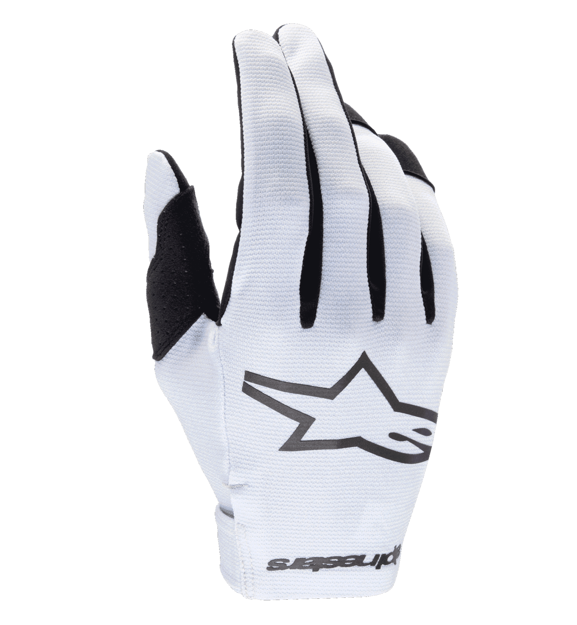 Rękawice Alpinestars Radar 2025, rękawice motocrossowe, biało-czarne, teksturowany syntetyczny wierzch dłoni z wyrazistym czarnym logo gwiazdy, czarne akcenty między palcami, bezszwowe zapięcie nadgarstka z logo, lekka i dopasowana konstrukcja do wyścigów terenowych